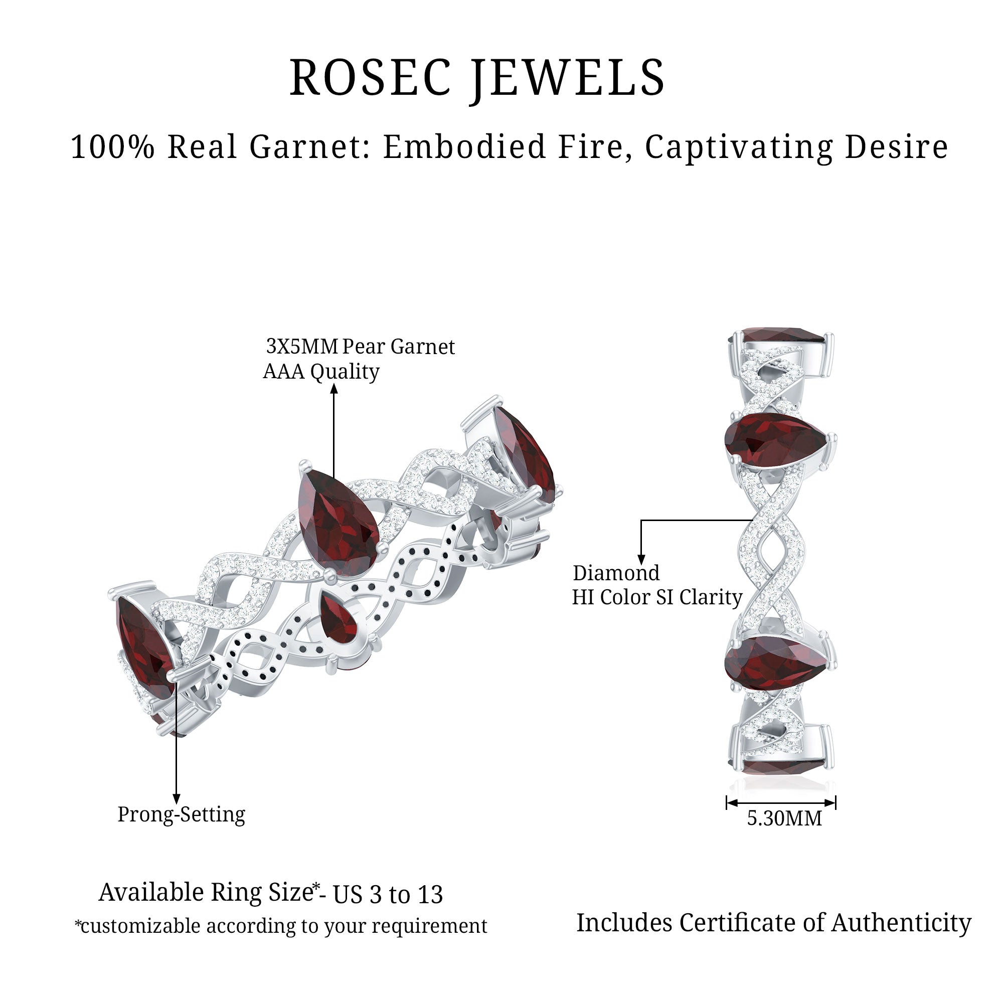 Rosec Jewels-Natural Pear Shape Garnet Diamond Eternity Ring with Crossover Shank