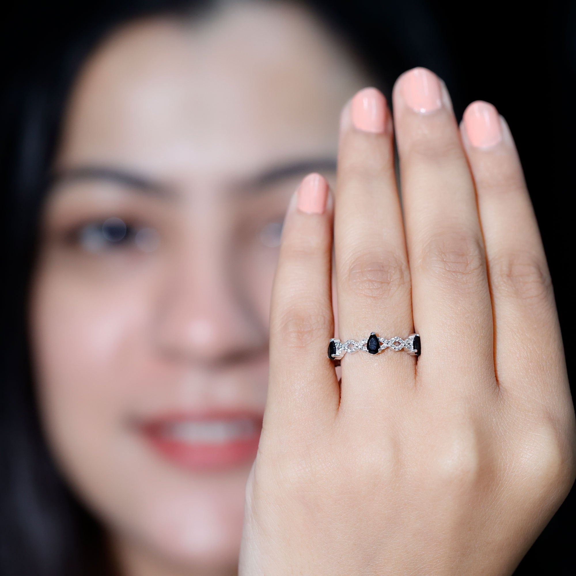 Pear Shaped Black Onyx and Diamond Crossover Wedding Band – Rosec