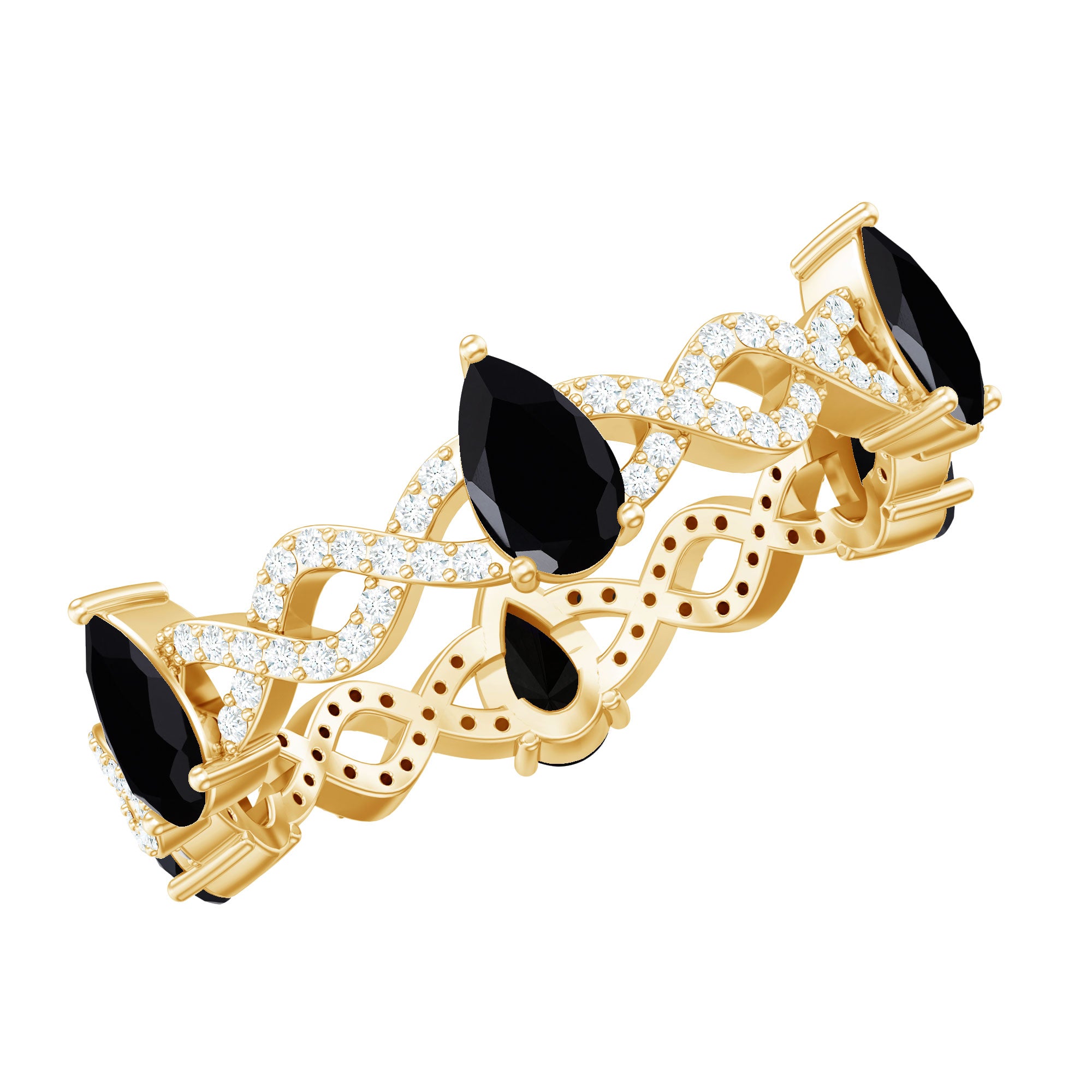 Natural Pear Shape Black Spinel Diamond Eternity Ring with Crossover Band AAA - Rosec Jewels