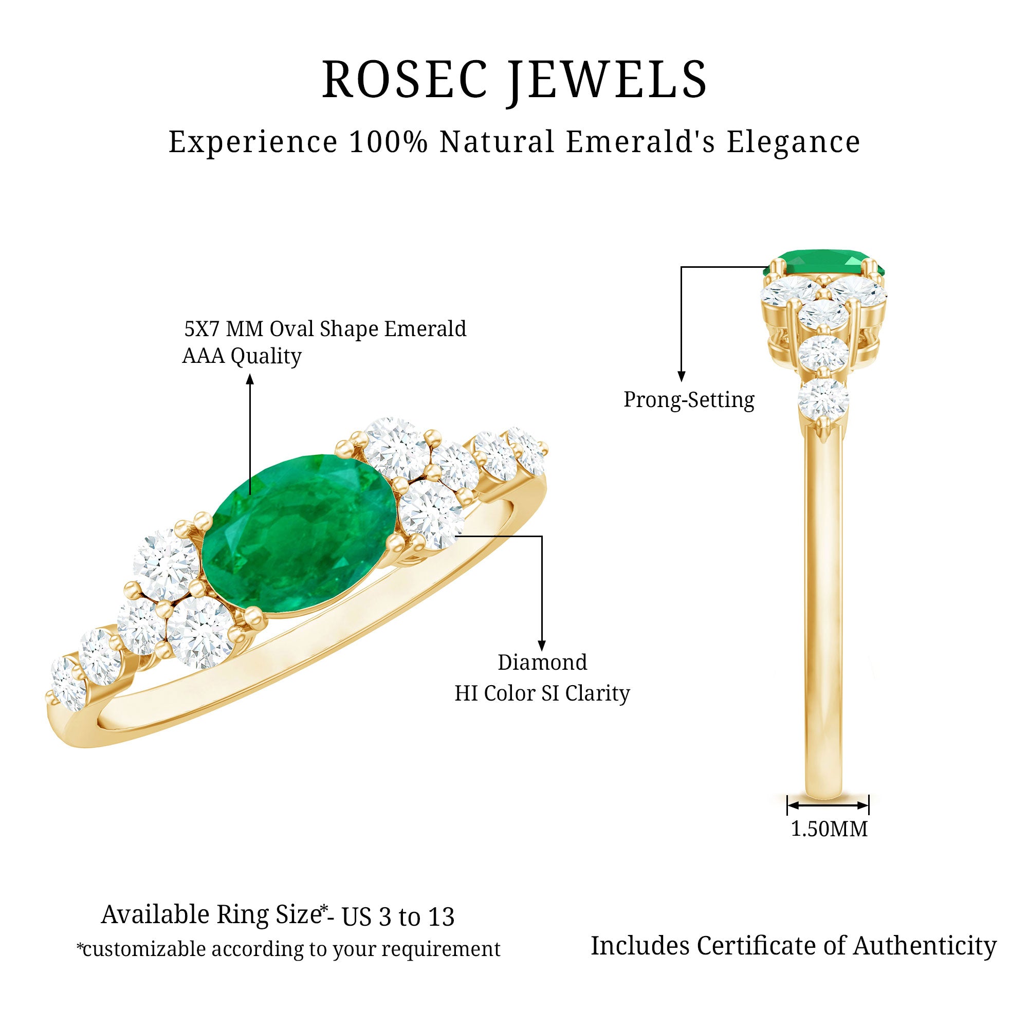 5X7mm Oval Cut Emerald Promise Ring with Diamond AAA - Rosec Jewels