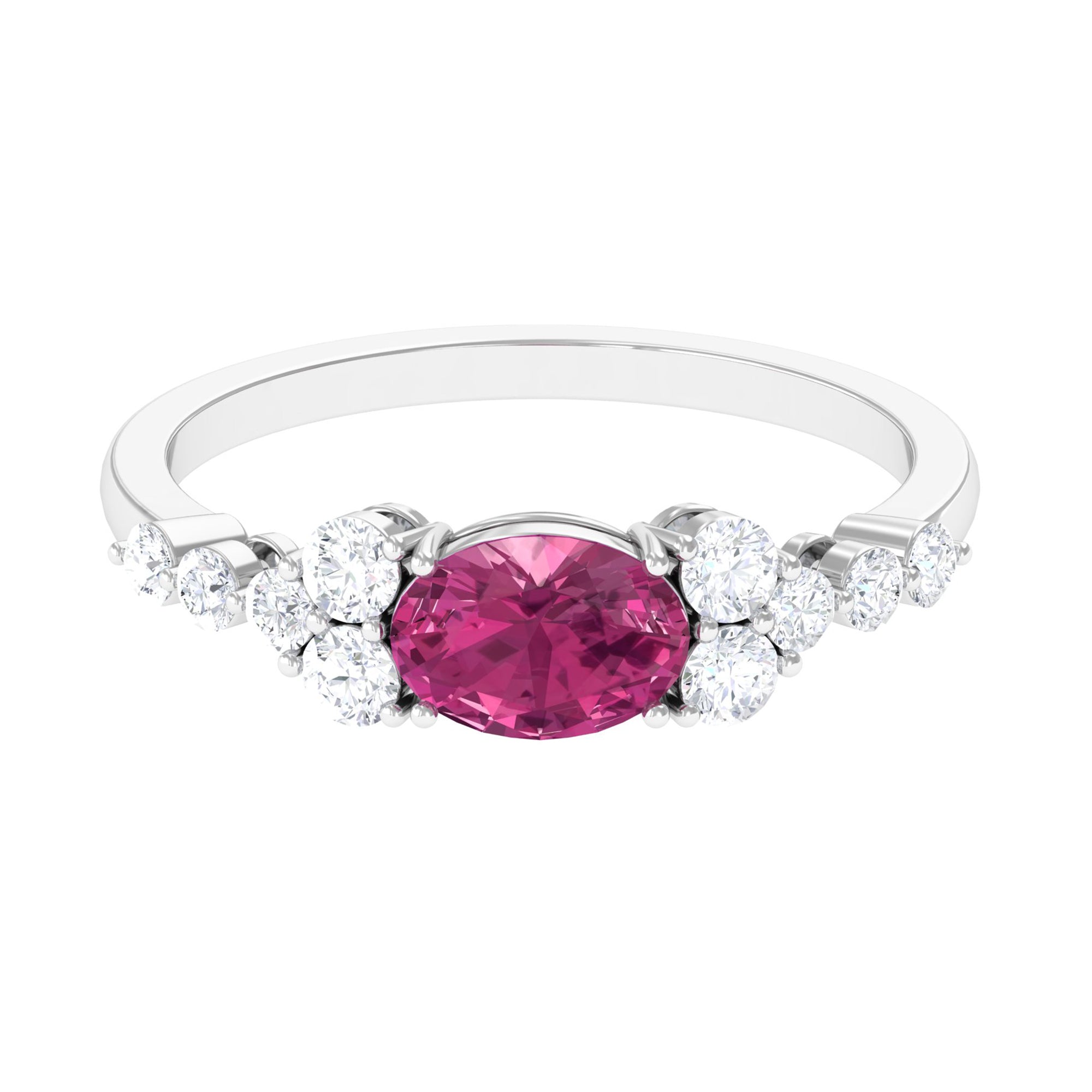 Pink Tourmaline Solitaire East West Ring with Diamond Side Stones AAA - Rosec Jewels
