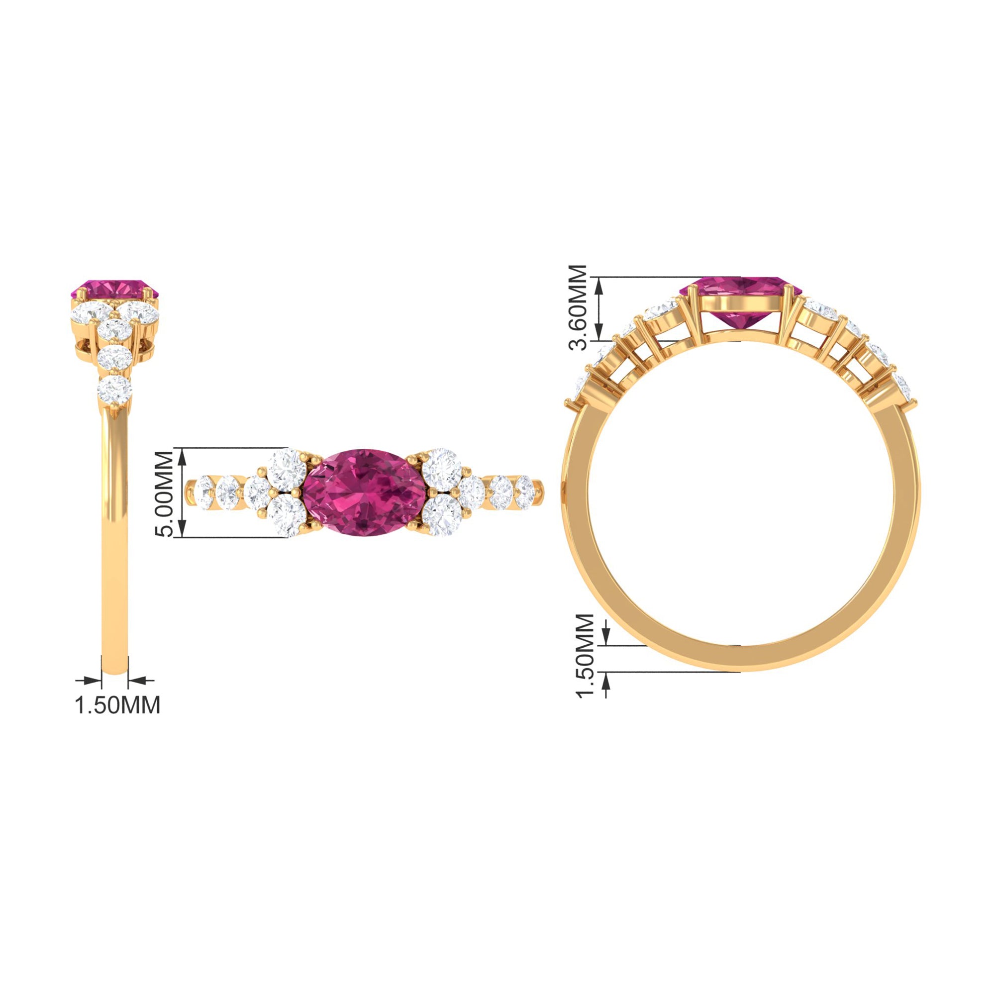 Pink Tourmaline Solitaire East West Ring with Diamond Side Stones AAA - Rosec Jewels