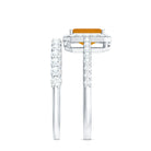 Emerald Cut Citrine Halo Engagement Ring with Moissanite Wedding Band AAA - Rosec Jewels