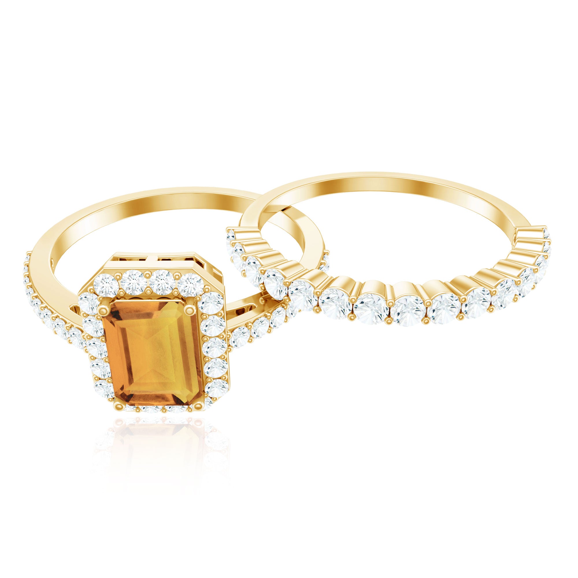 Emerald Cut Citrine Halo Engagement Ring with Moissanite Wedding Band AAA - Rosec Jewels