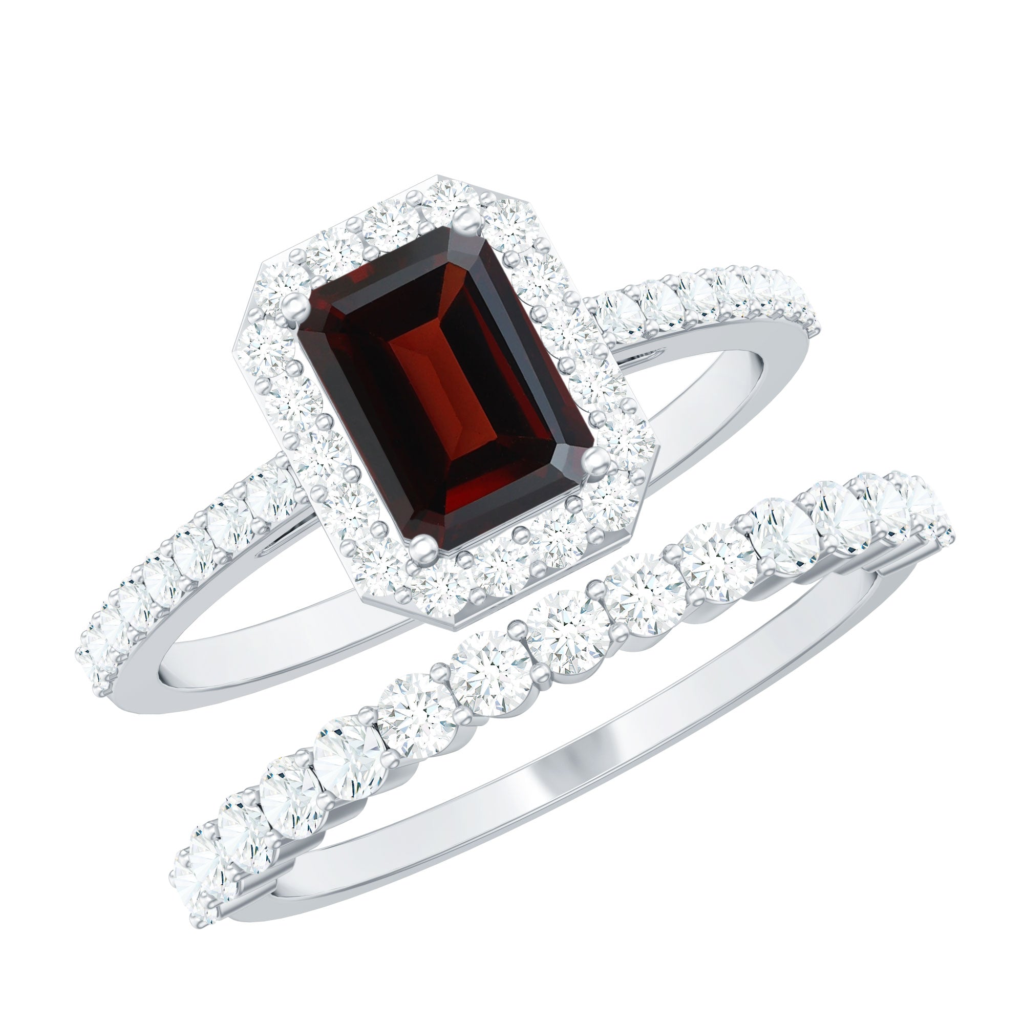 Genuine 6X8mm Emerald Cut Garnet Moissanite Wedding Ring Set of 2 AAA - Rosec Jewels