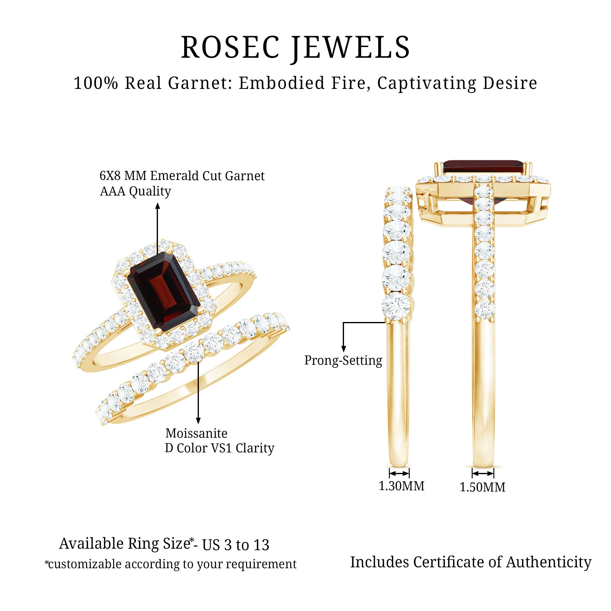 Genuine 6X8mm Emerald Cut Garnet Moissanite Wedding Ring Set of 2 AAA - Rosec Jewels