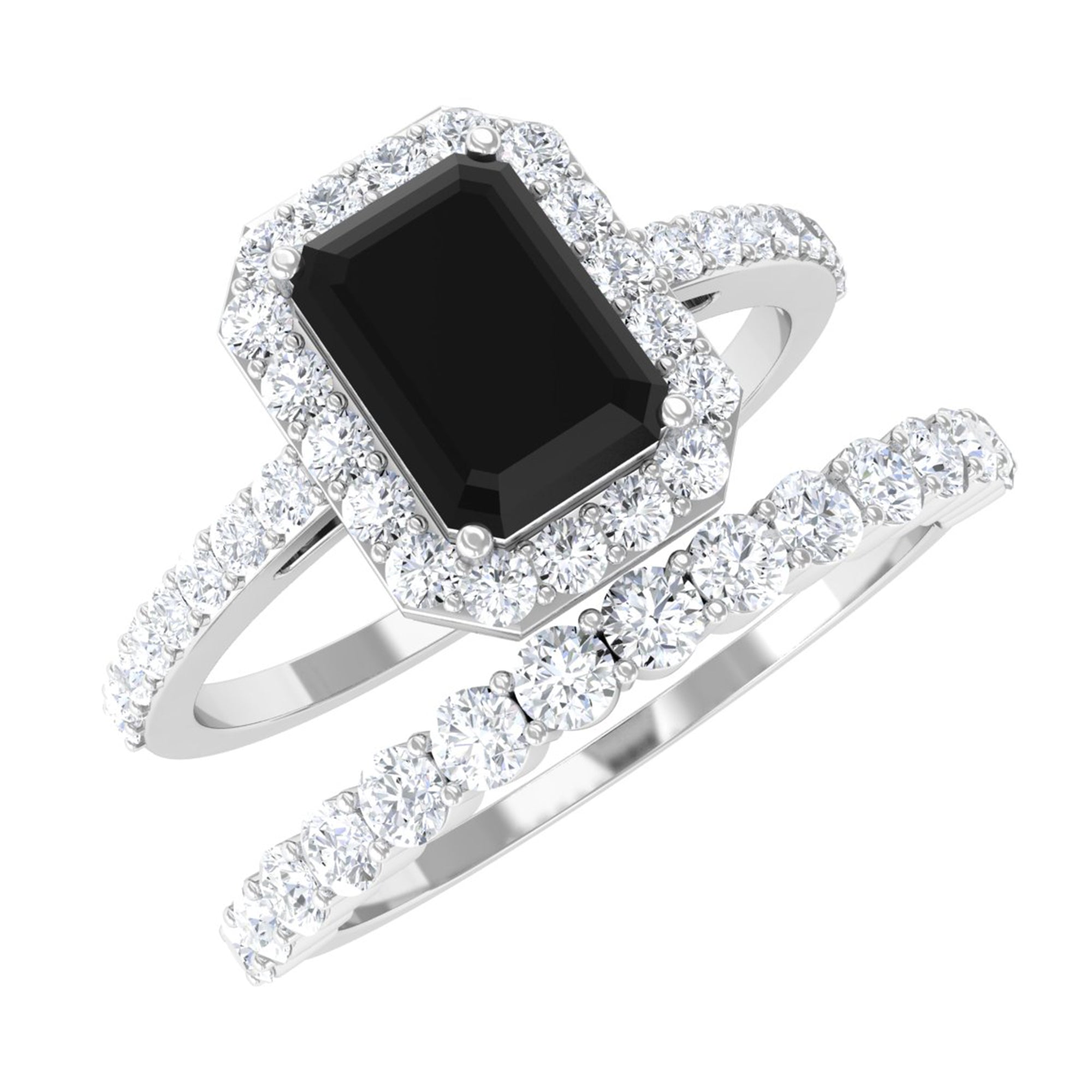 Real Black Onyx and Moissanite Stackable Ring Set Black Onyx - ( AAA ) - Quality 92.5 Sterling Silver 9 - Rosec Jewels