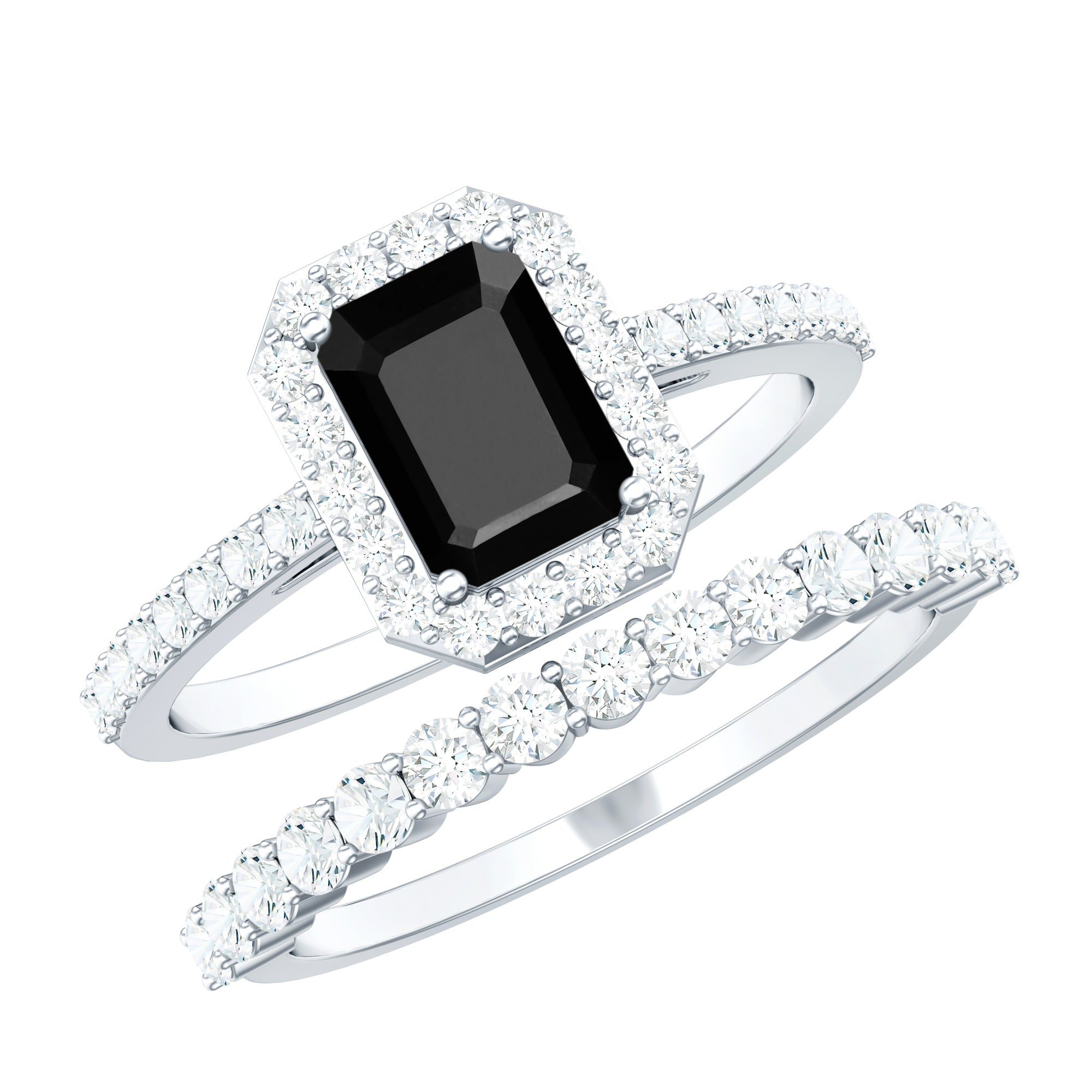 Rosec Jewels-Emerald Cut Black Onyx Wedding Ring Set with Moissanite