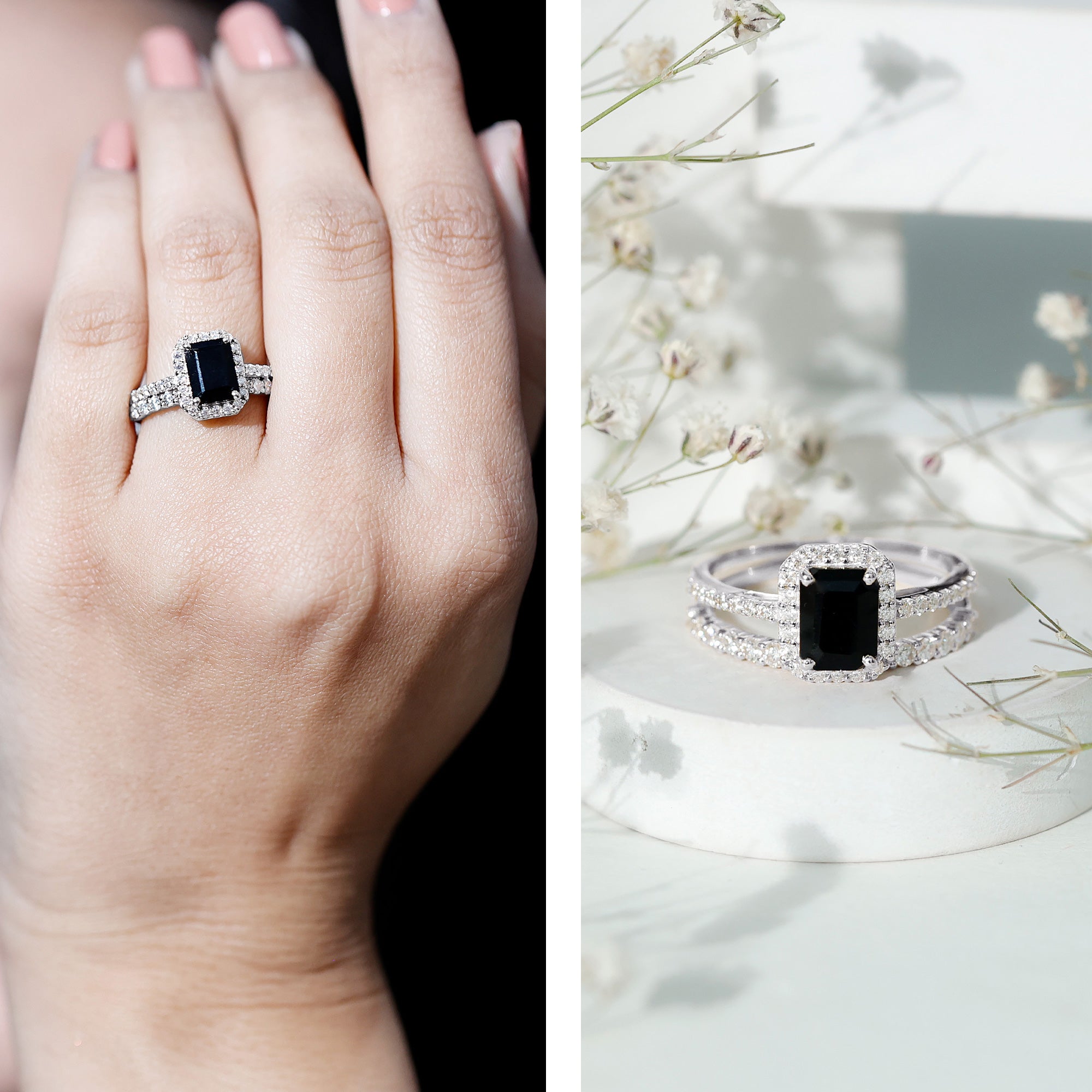 Rosec Jewels-Emerald Cut Black Onyx Wedding Ring Set with Moissanite