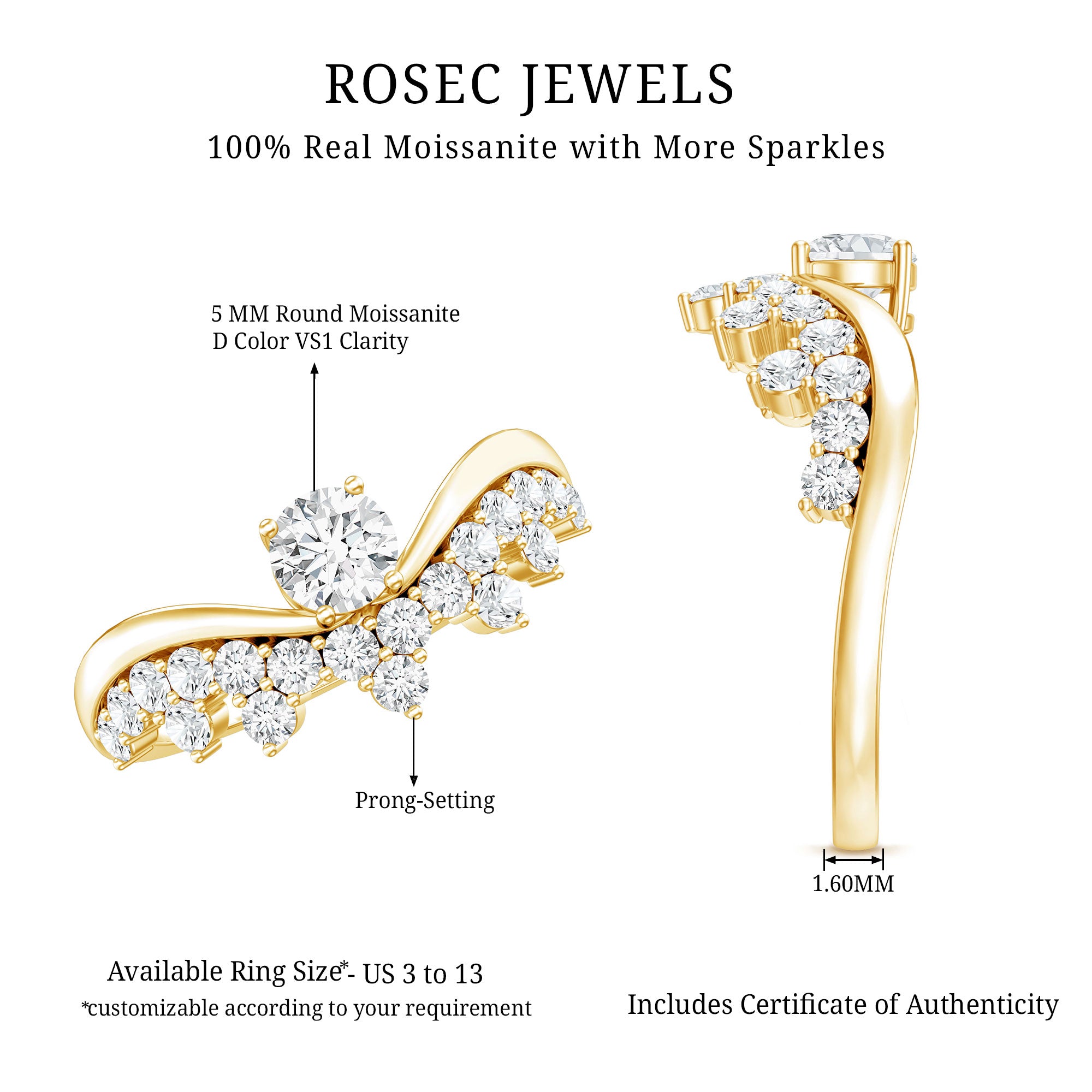Designer Moissanite Curved Engagement Ring for Women D-VS1 - Rosec Jewels