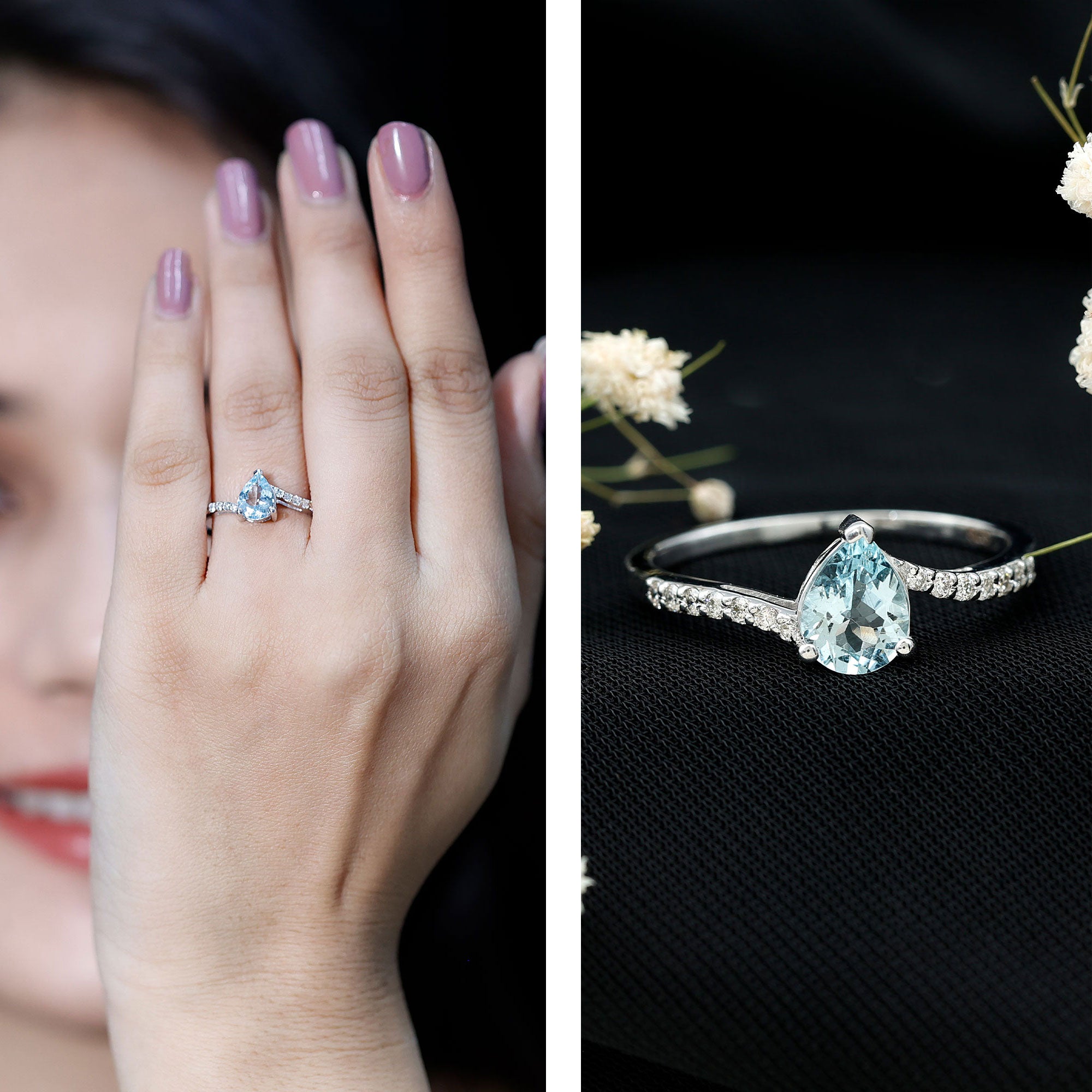 Pear Cut Aquamarine Teardrop Engagement Ring with Diamond – Rosec Pear Cut Aquamarine Teardrop Engagement Ring with Diamond – Rosec
