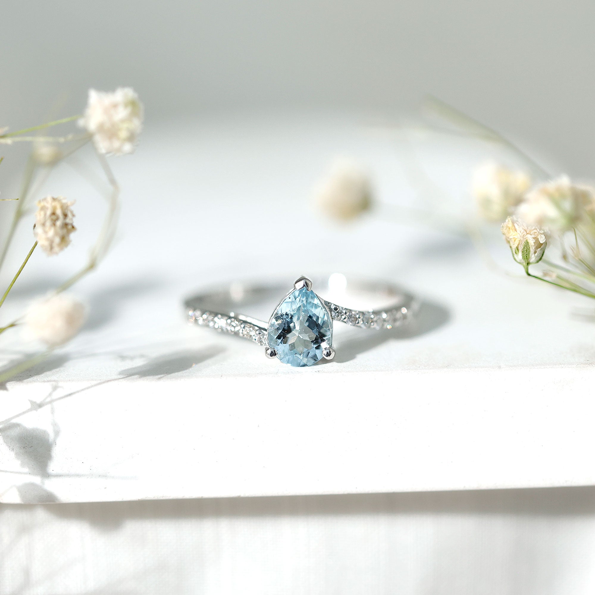 Pear Cut Aquamarine Teardrop Engagement Ring with Diamond – Rosec