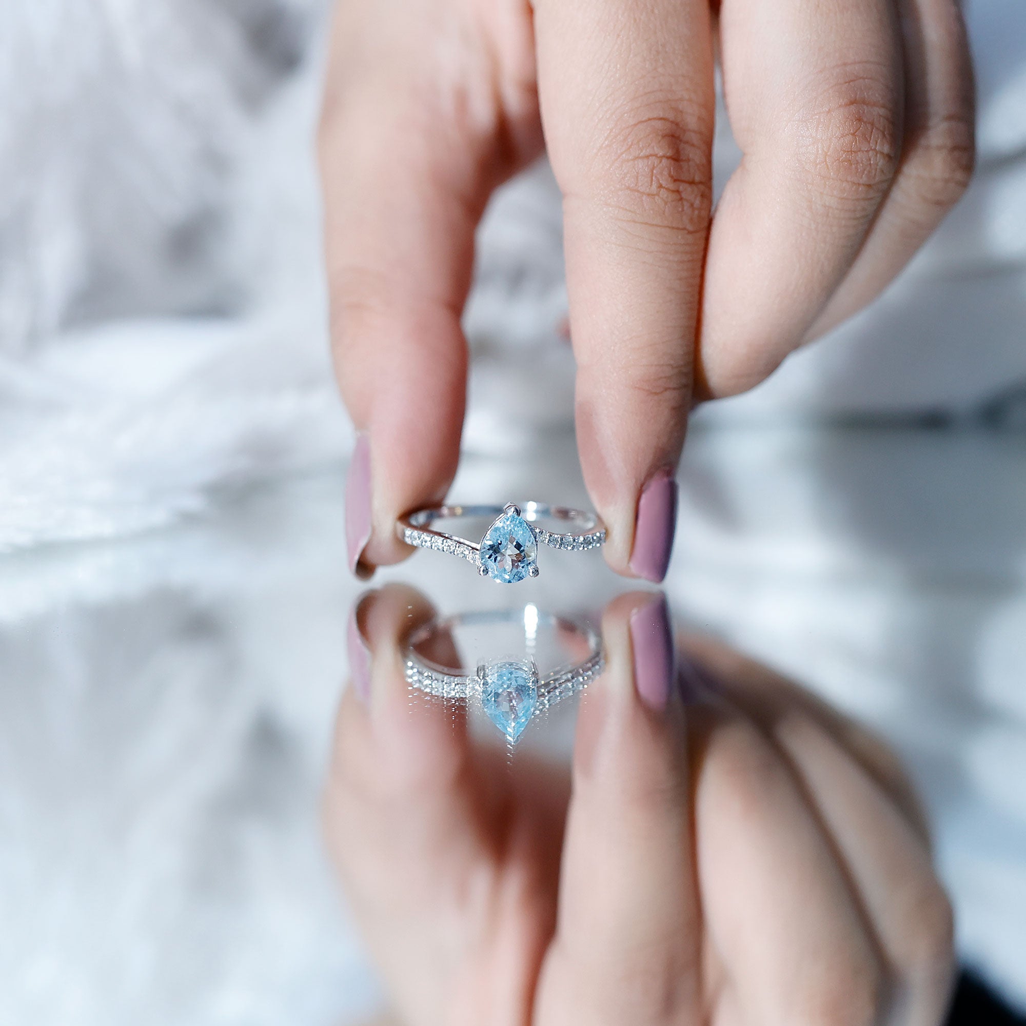 Pear Cut Aquamarine Teardrop Engagement Ring with Diamond – Rosec