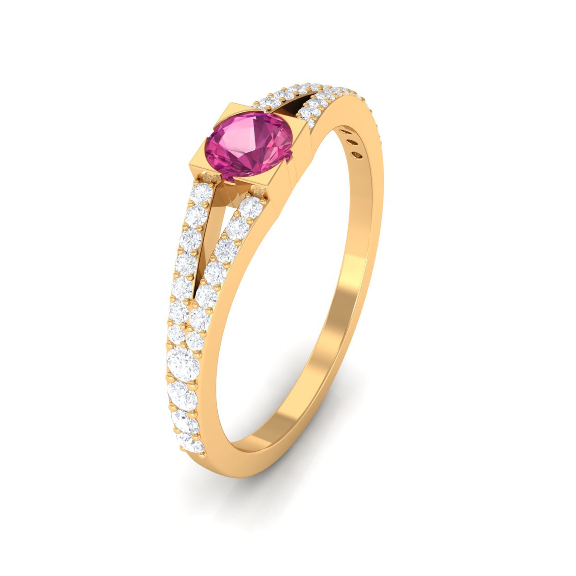 Minimal Pink Tourmaline Split Shank Ring with Diamond AAA - Rosec Jewels