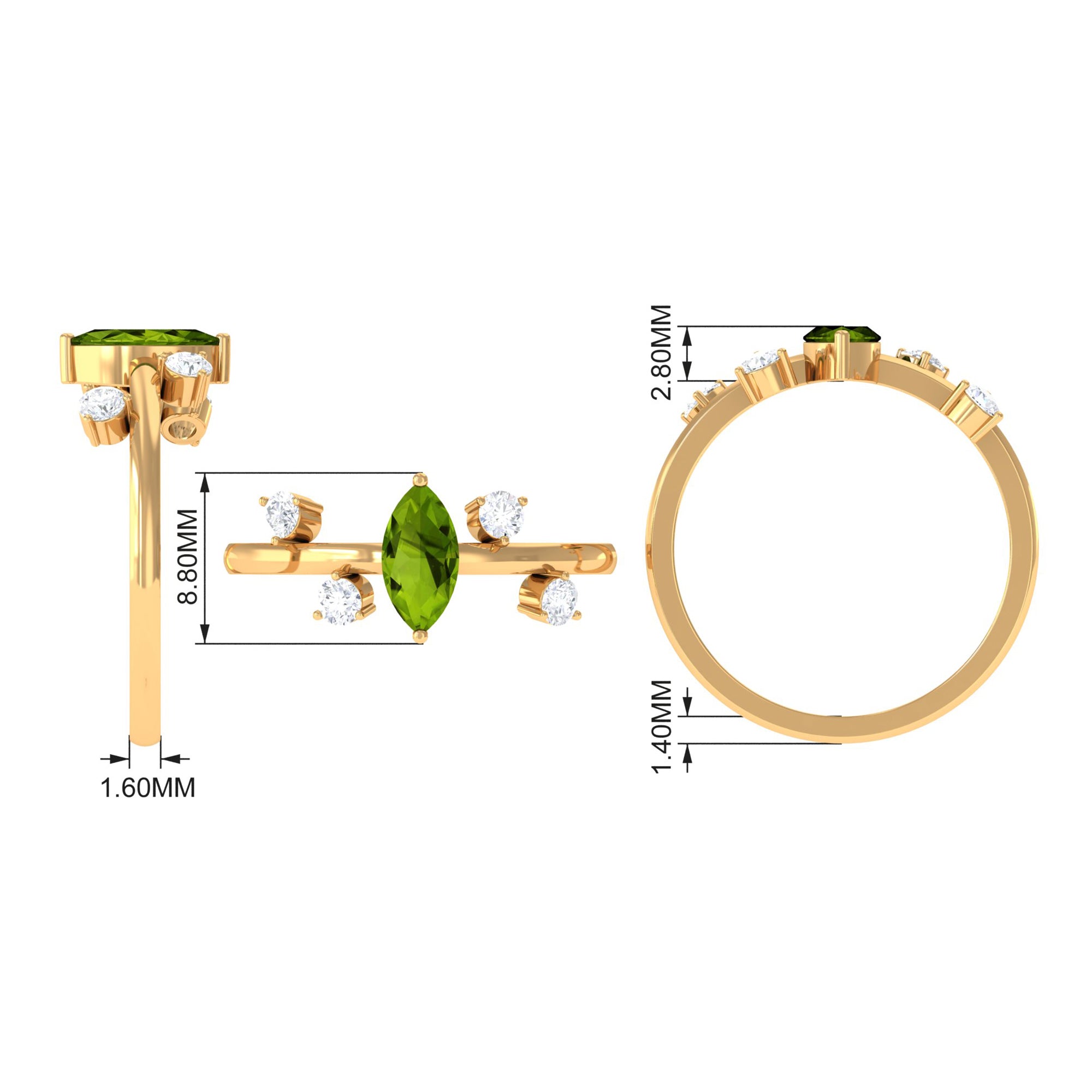 Rosec Jewels-1 CT Marquise Cut Peridot Scatter Ring with Diamond Stones