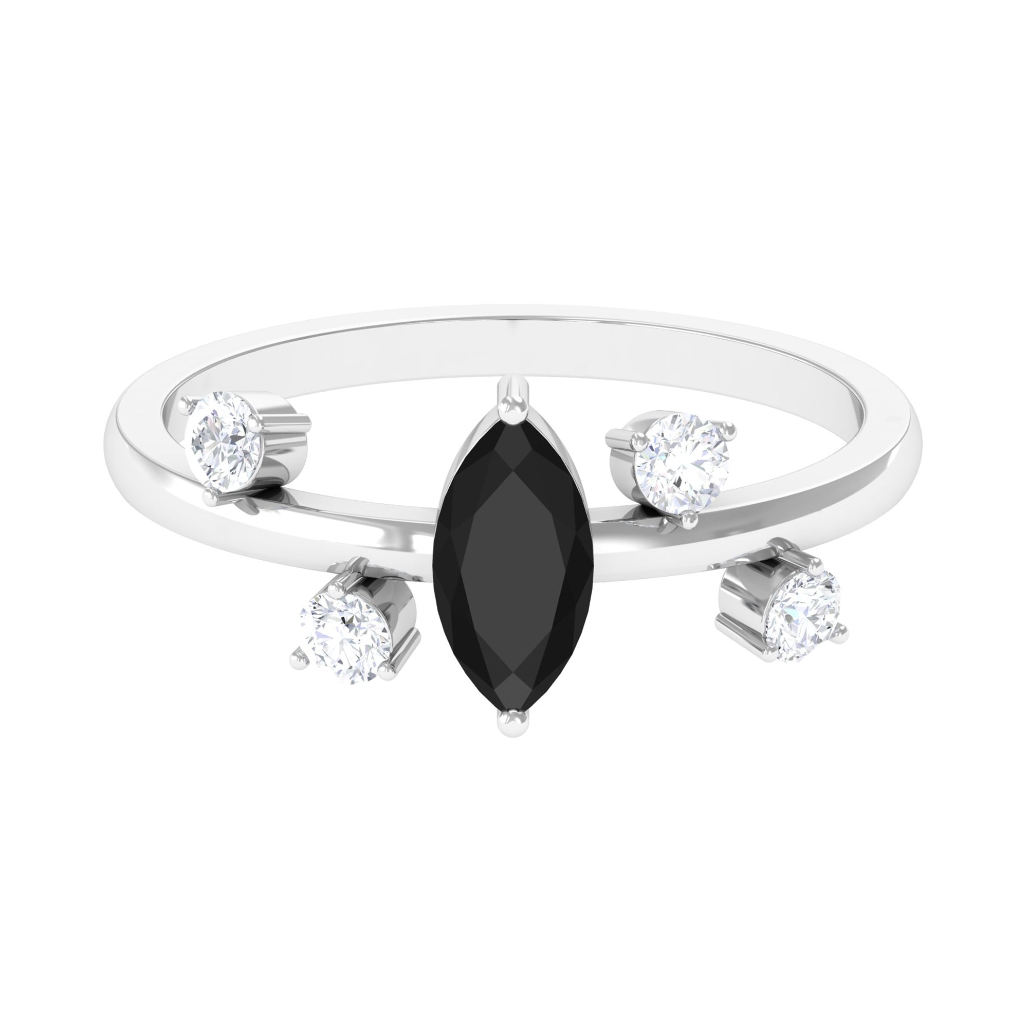Marquise Cut Solitaire Black Spinel Ring with Scatter Diamond AAA - Rosec Jewels