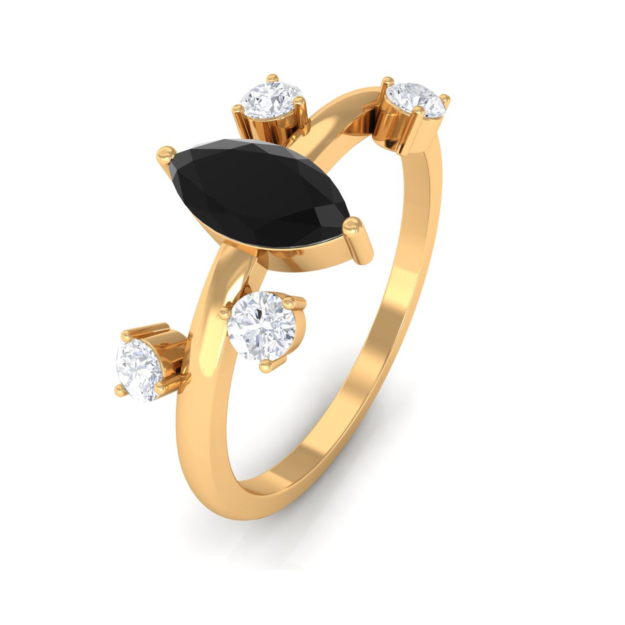 Marquise Cut Solitaire Black Spinel Ring with Scatter Diamond AAA - Rosec Jewels