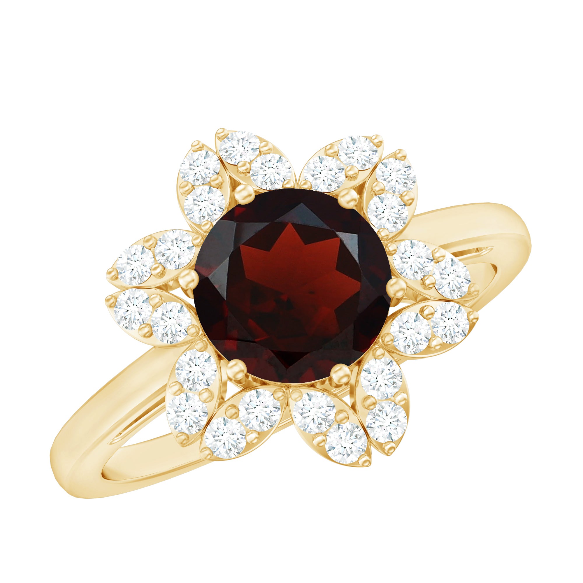 Certified Natural 8mm Garnet Flower Engagement Ring with Diamond AAA - Rosec Jewels