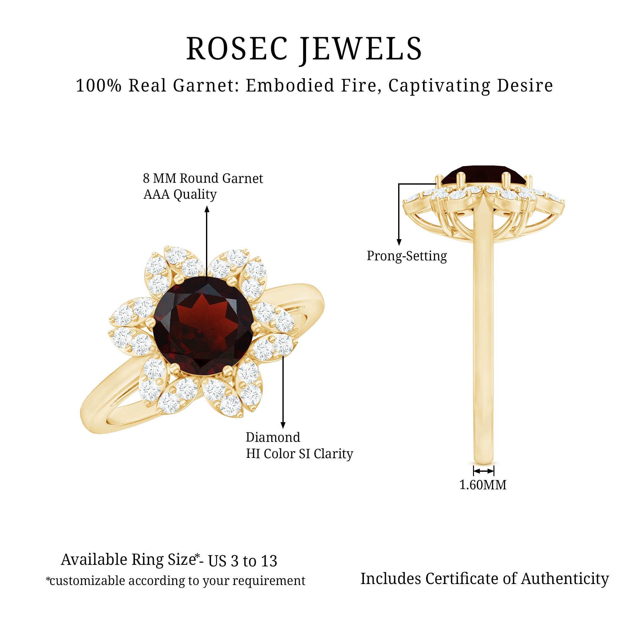 Certified Natural 8mm Garnet Flower Engagement Ring with Diamond AAA - Rosec Jewels