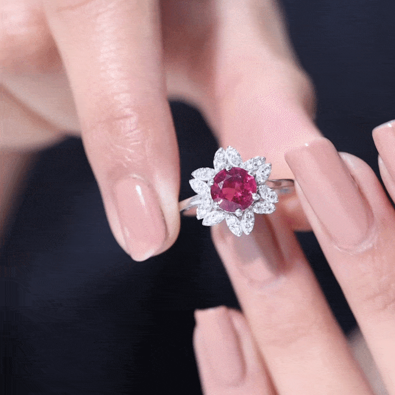 Rosec Jewels-Real 1.2 Carat Round Pink Tourmaline Flower Engagement Ring with Diamond