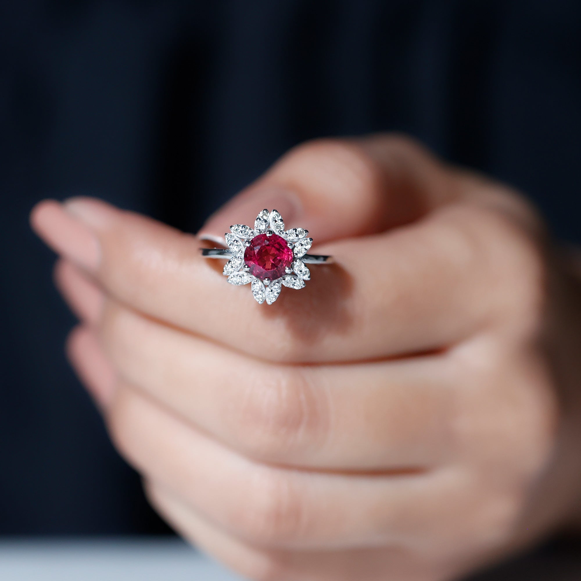 Rosec Jewels-Real 1.2 Carat Round Pink Tourmaline Flower Engagement Ring with Diamond