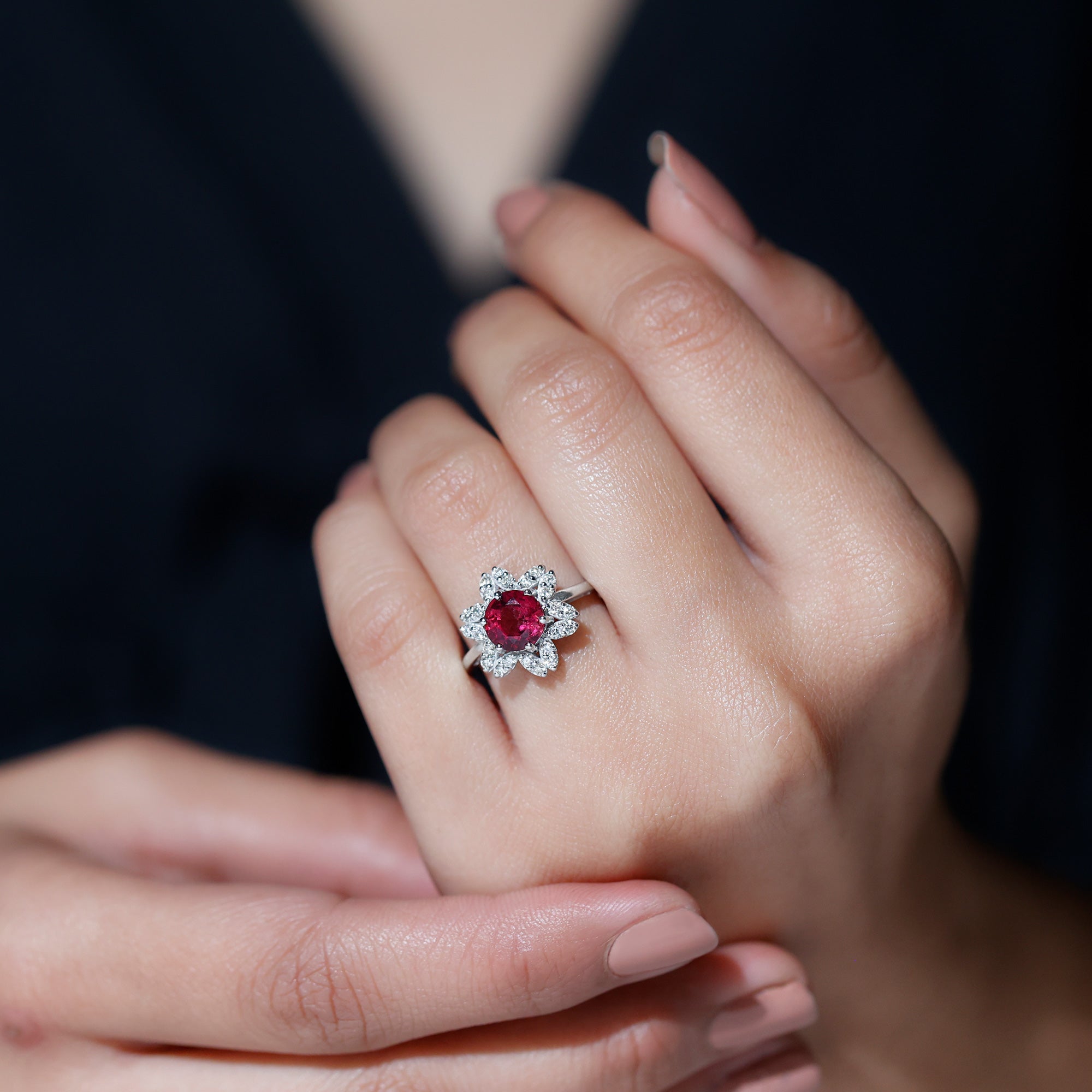 Rosec Jewels-Real 1.2 Carat Round Pink Tourmaline Flower Engagement Ring with Diamond