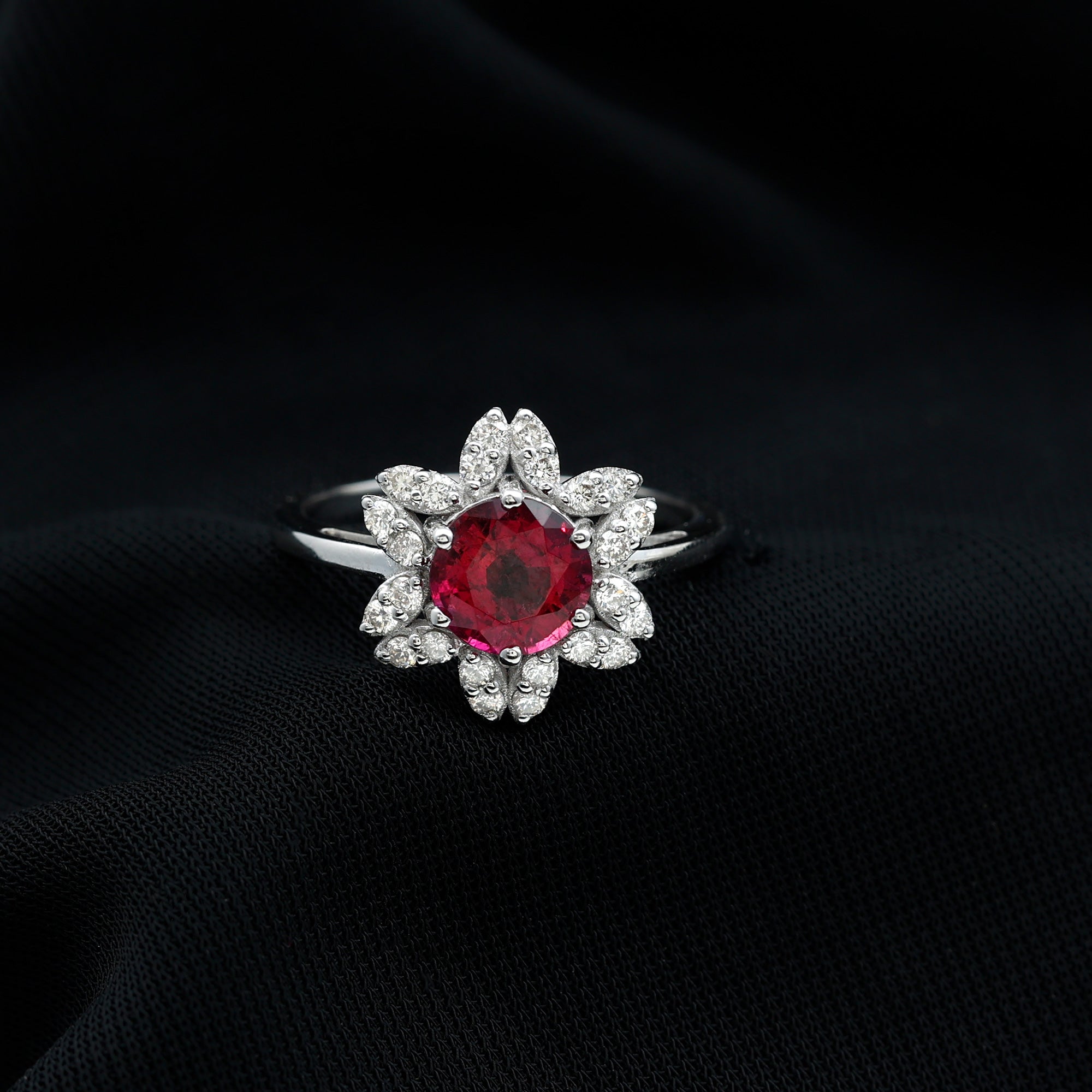 Rosec Jewels-Real 1.2 Carat Round Pink Tourmaline Flower Engagement Ring with Diamond