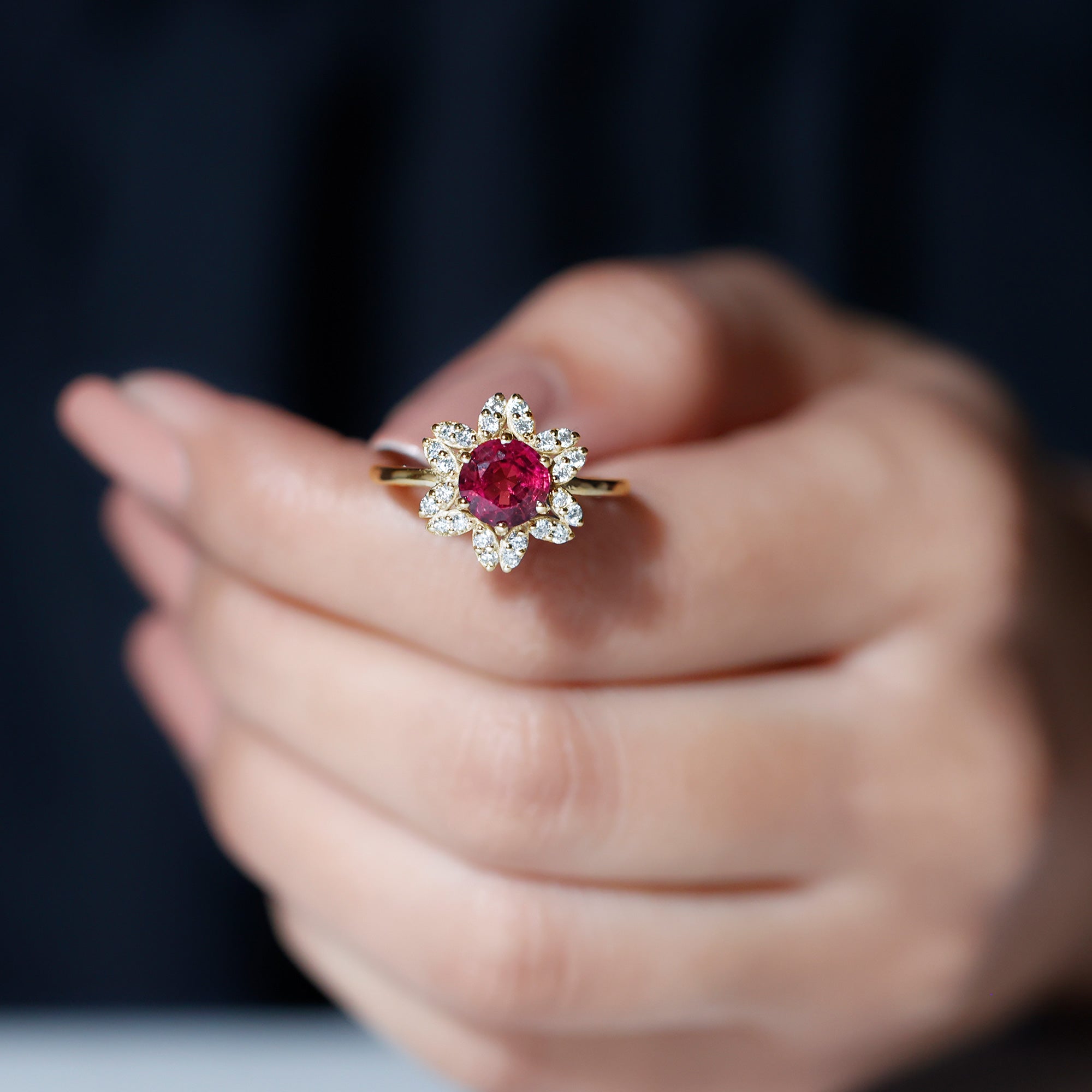 Rosec Jewels-Real 1.2 Carat Round Pink Tourmaline Flower Engagement Ring with Diamond