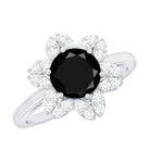 Rosec Jewels-Genuine Round Cut Black Onyx Flower Engagement Ring with Diamonds