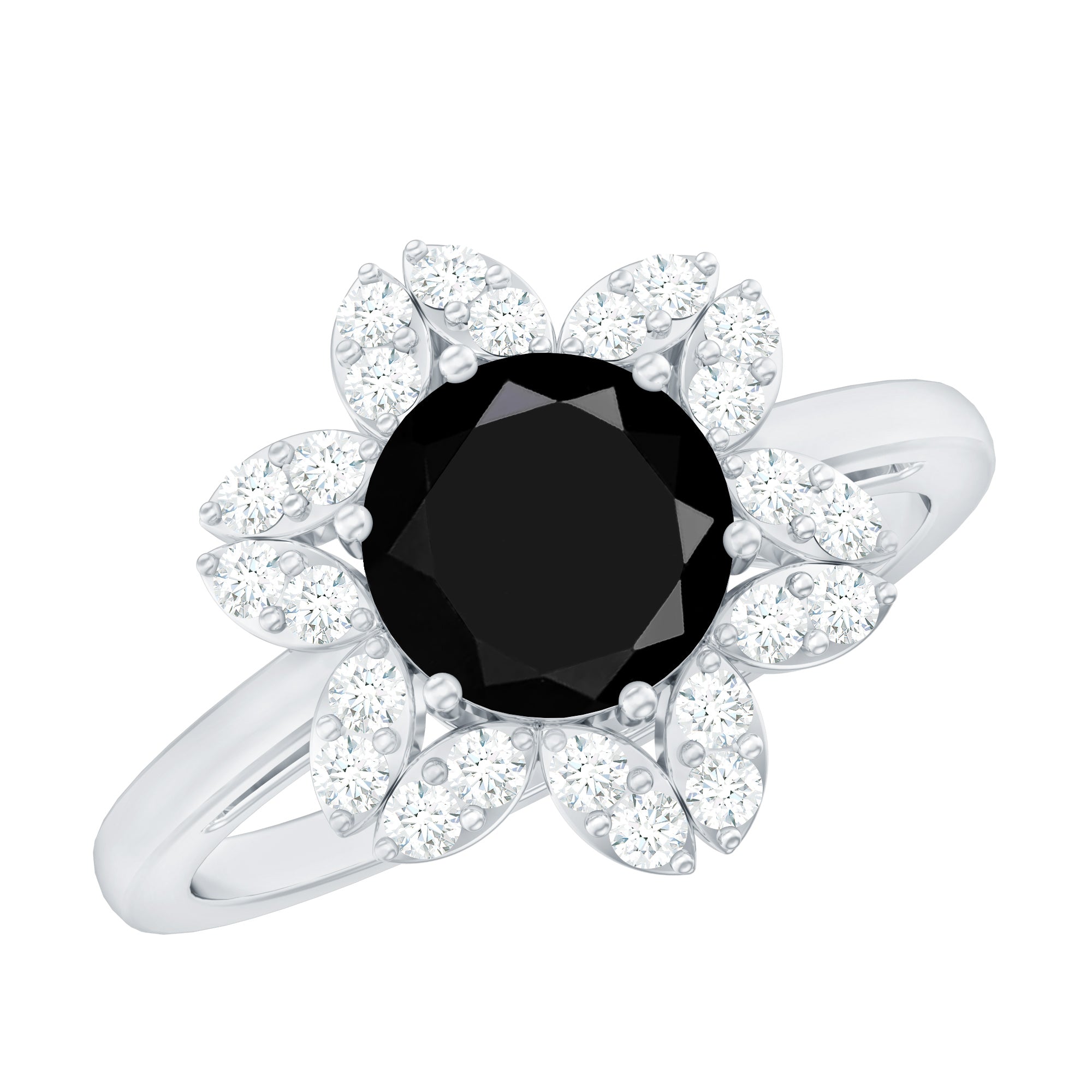Rosec Jewels-Genuine Round Cut Black Onyx Flower Engagement Ring with Diamonds