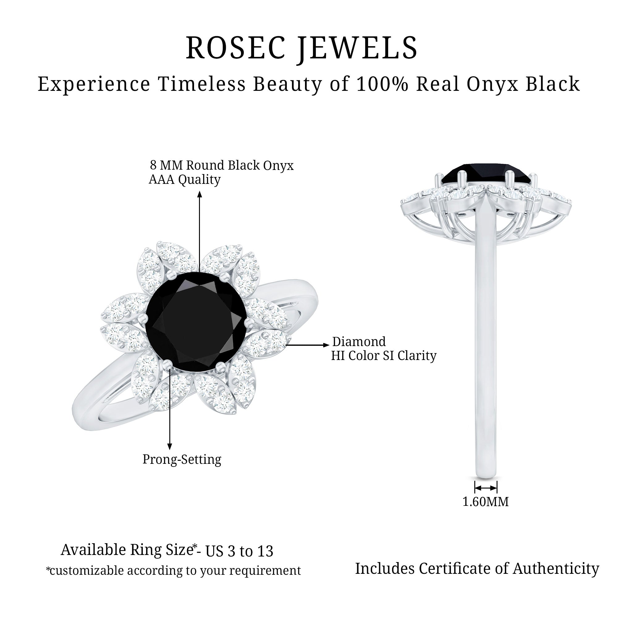 Rosec Jewels-Genuine Round Cut Black Onyx Flower Engagement Ring with Diamonds