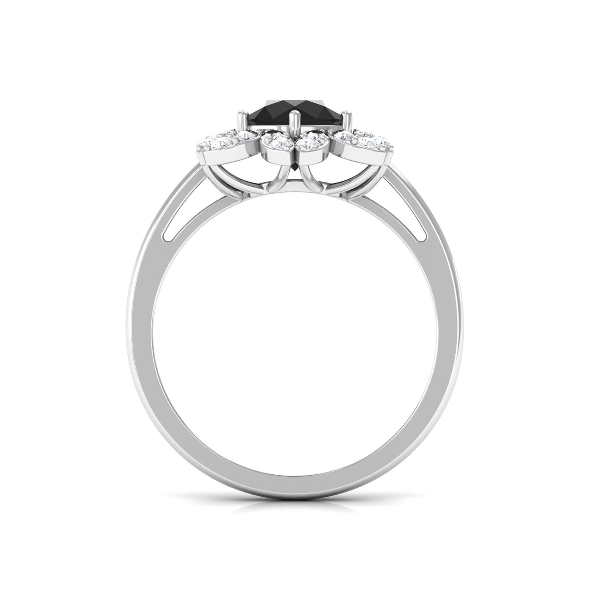 Round Black Onyx Flower Engagement Ring with Diamond Black Onyx - ( AAA ) - Quality - Rosec Jewels