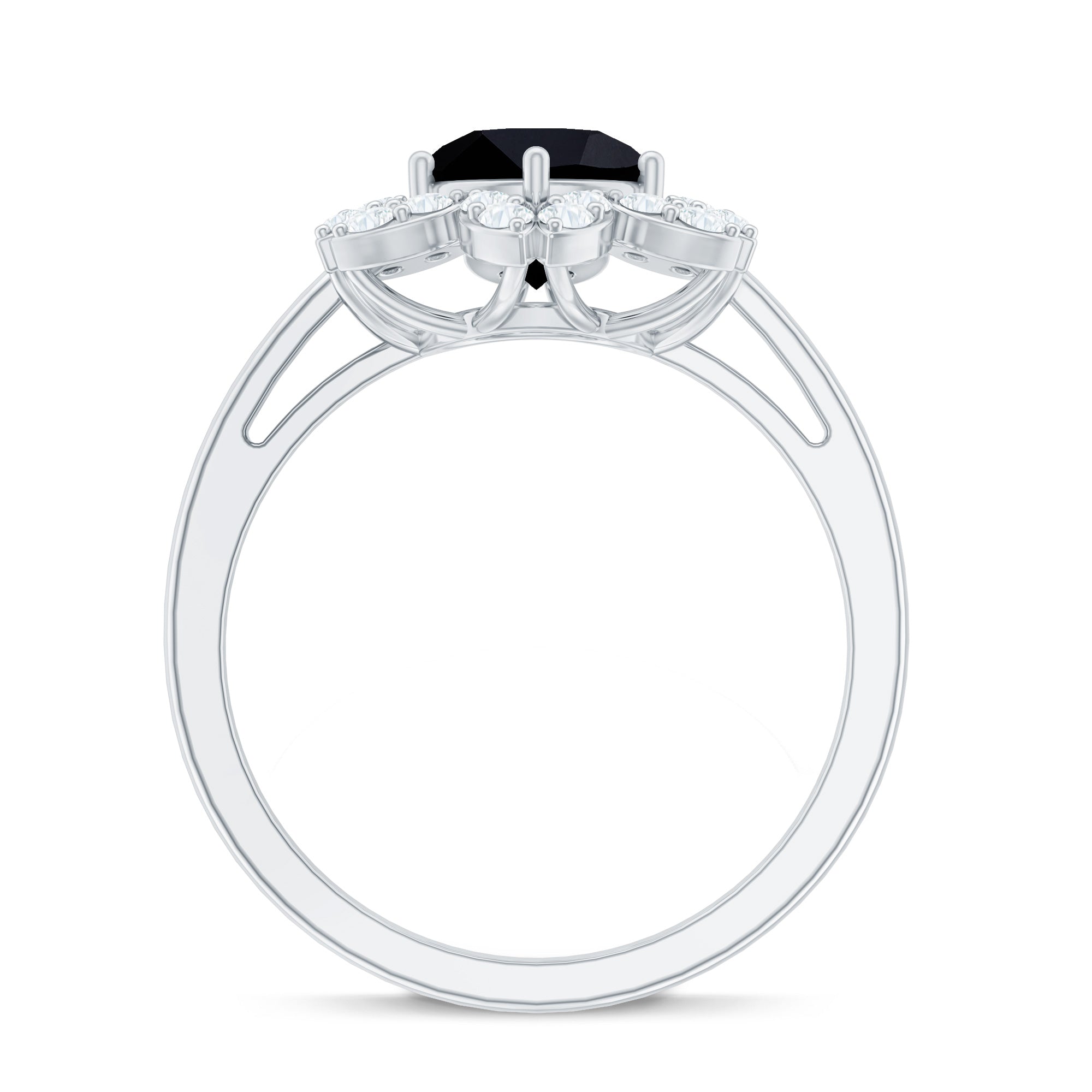 Rosec Jewels-Genuine Round Cut Black Onyx Flower Engagement Ring with Diamonds