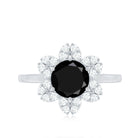 Rosec Jewels-Genuine Round Cut Black Onyx Flower Engagement Ring with Diamonds