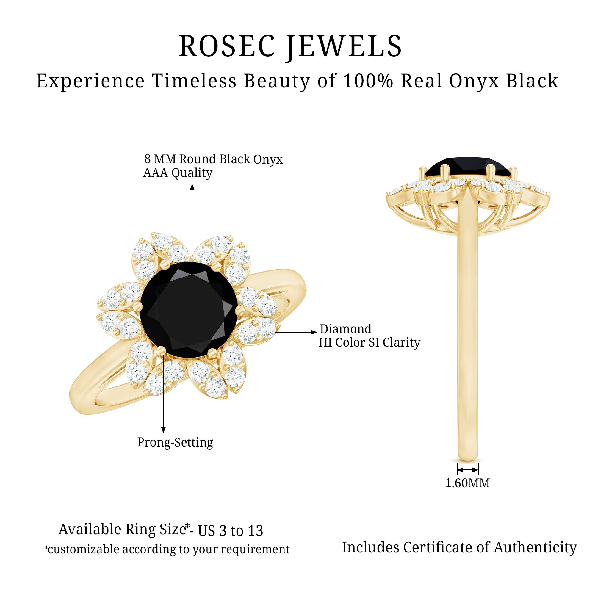 Rosec Jewels-Genuine Round Cut Black Onyx Flower Engagement Ring with Diamonds