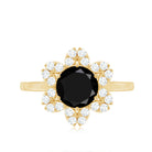 Rosec Jewels-Genuine Round Cut Black Onyx Flower Engagement Ring with Diamonds