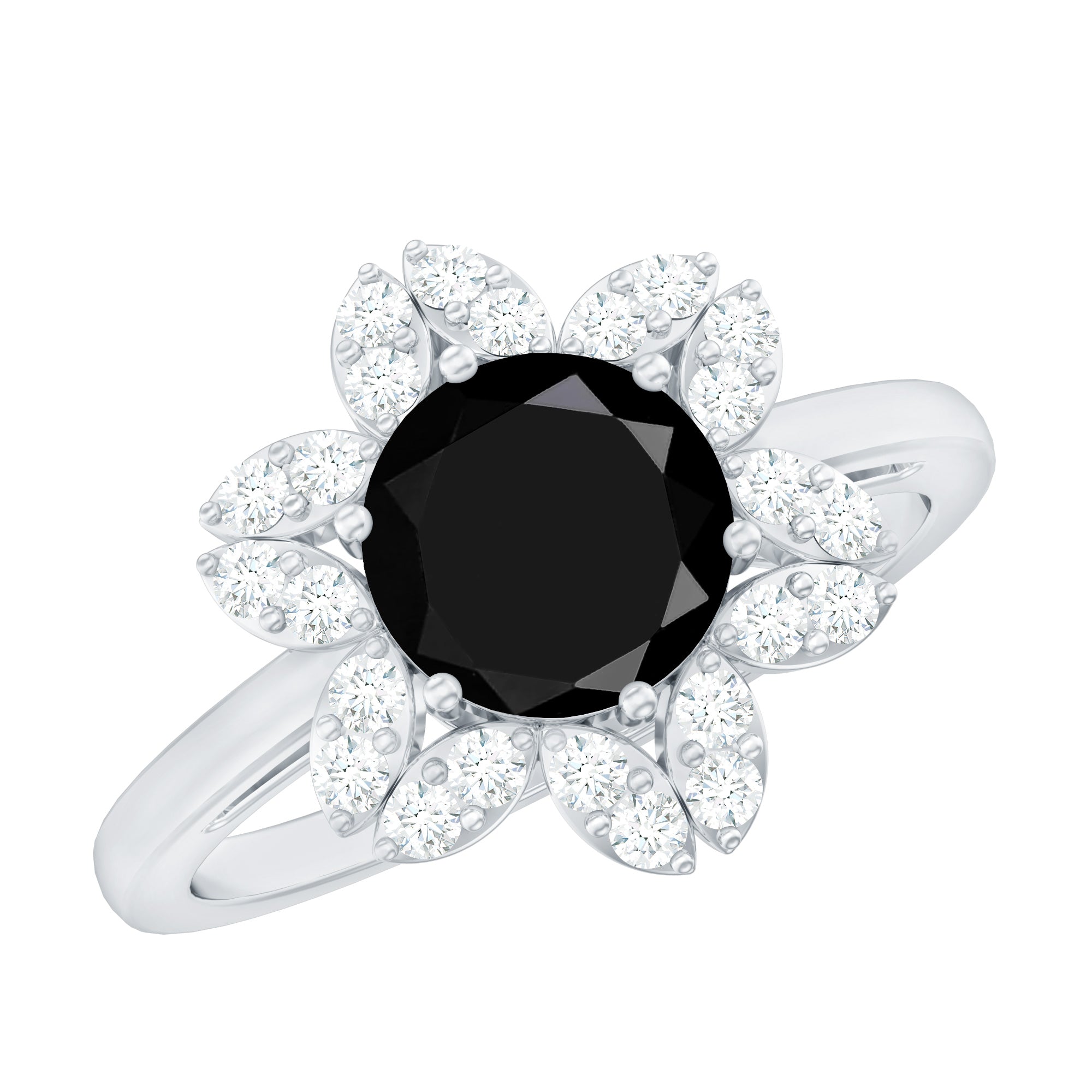 Rosec Jewels-Natural 2.5 Carat Black Spinel Flower Engagement Ring with Diamond