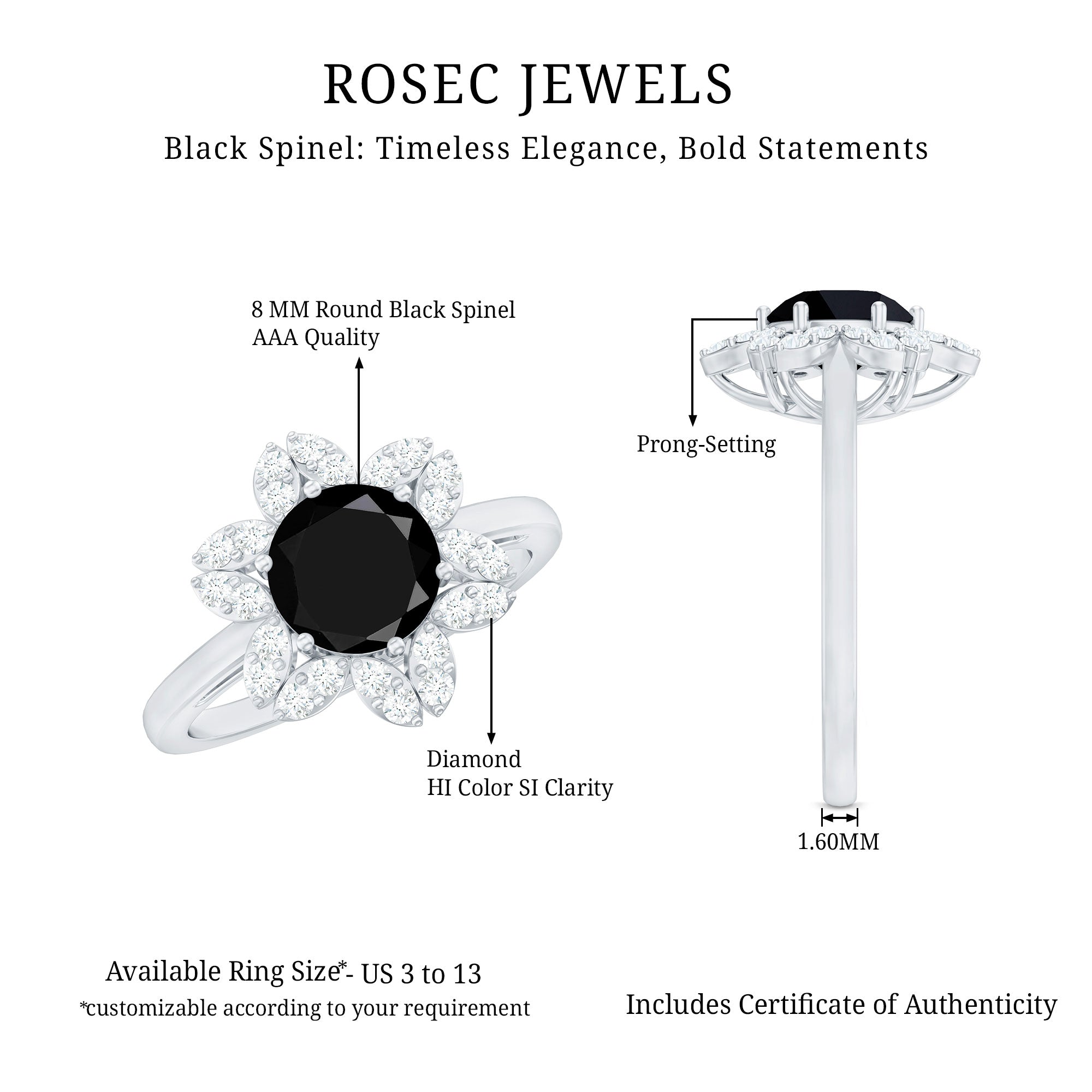 Rosec Jewels-Natural 2.5 Carat Black Spinel Flower Engagement Ring with Diamond