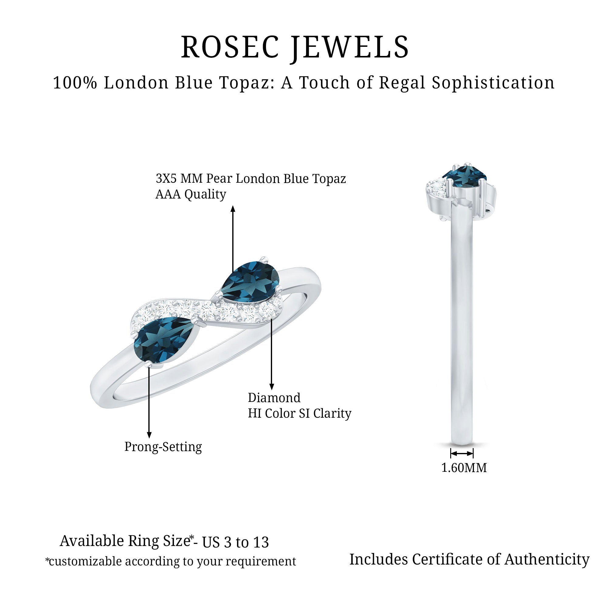 Rosec Jewels-Pear Shape London Blue Topaz Infinity Promise Ring with Diamond