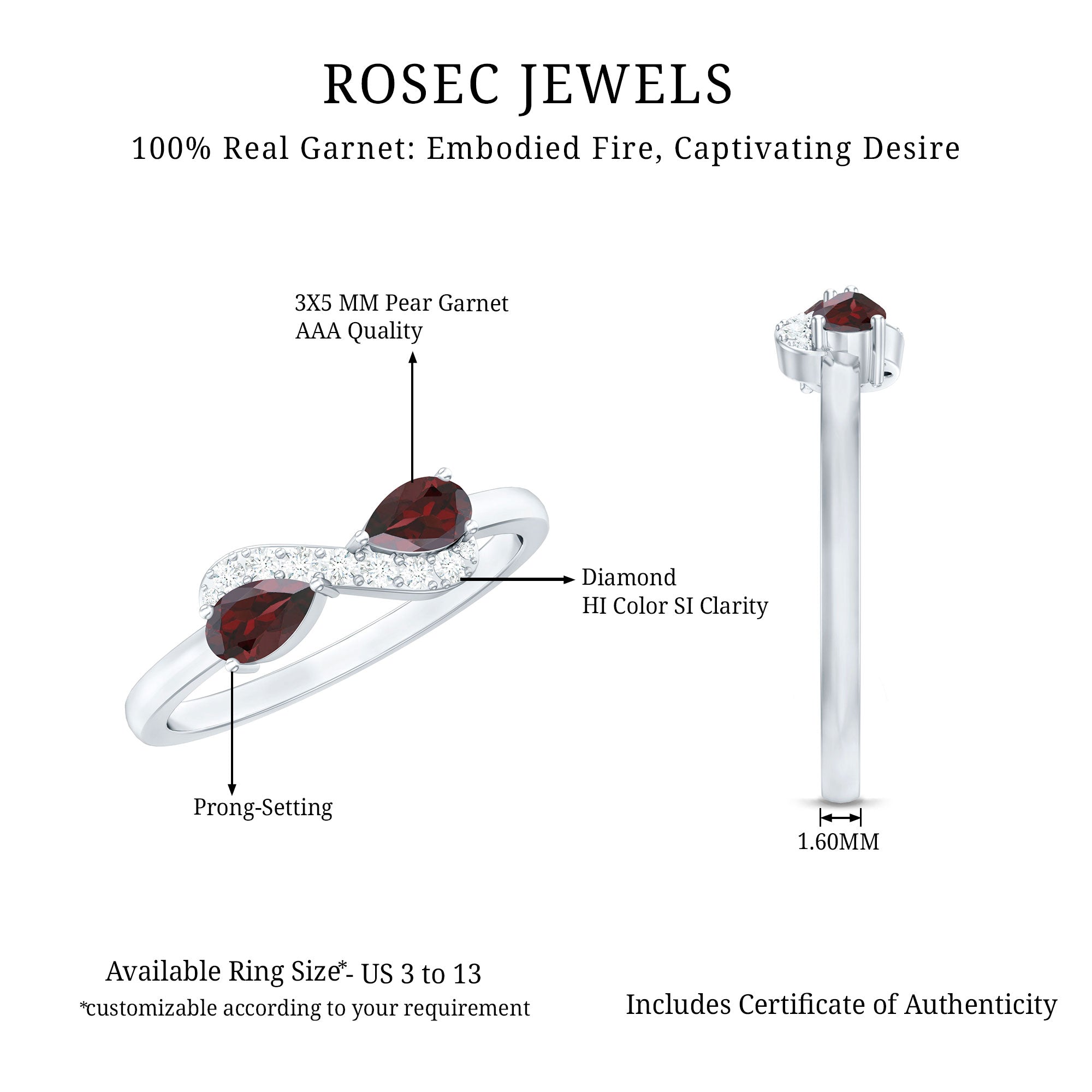 Rosec Jewels-Real Garnet 2 Stone Infinity Promise Ring with Diamond