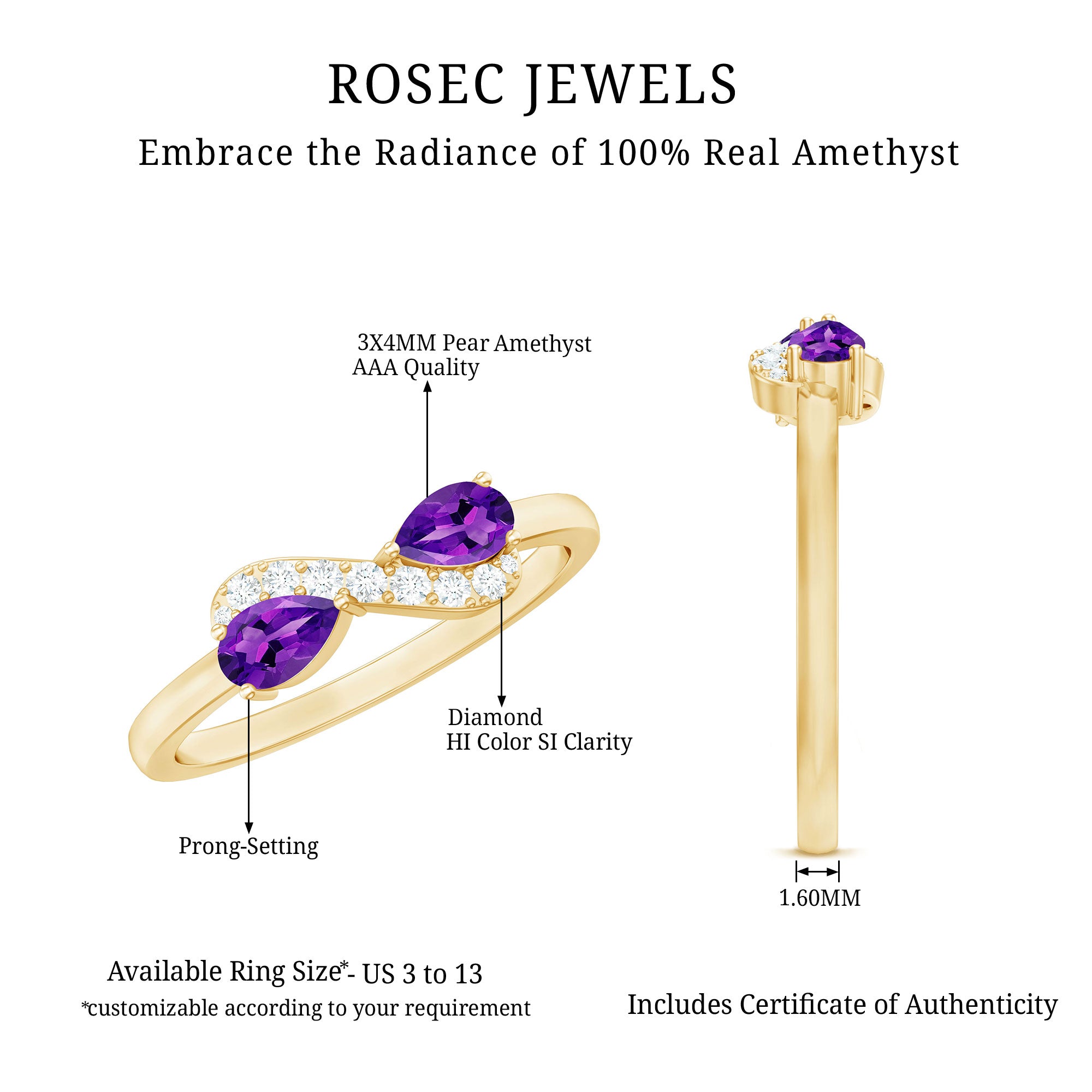 Rosec Jewels-1/2 CT Pear Amethyst Infinity Promise Ring with Diamond