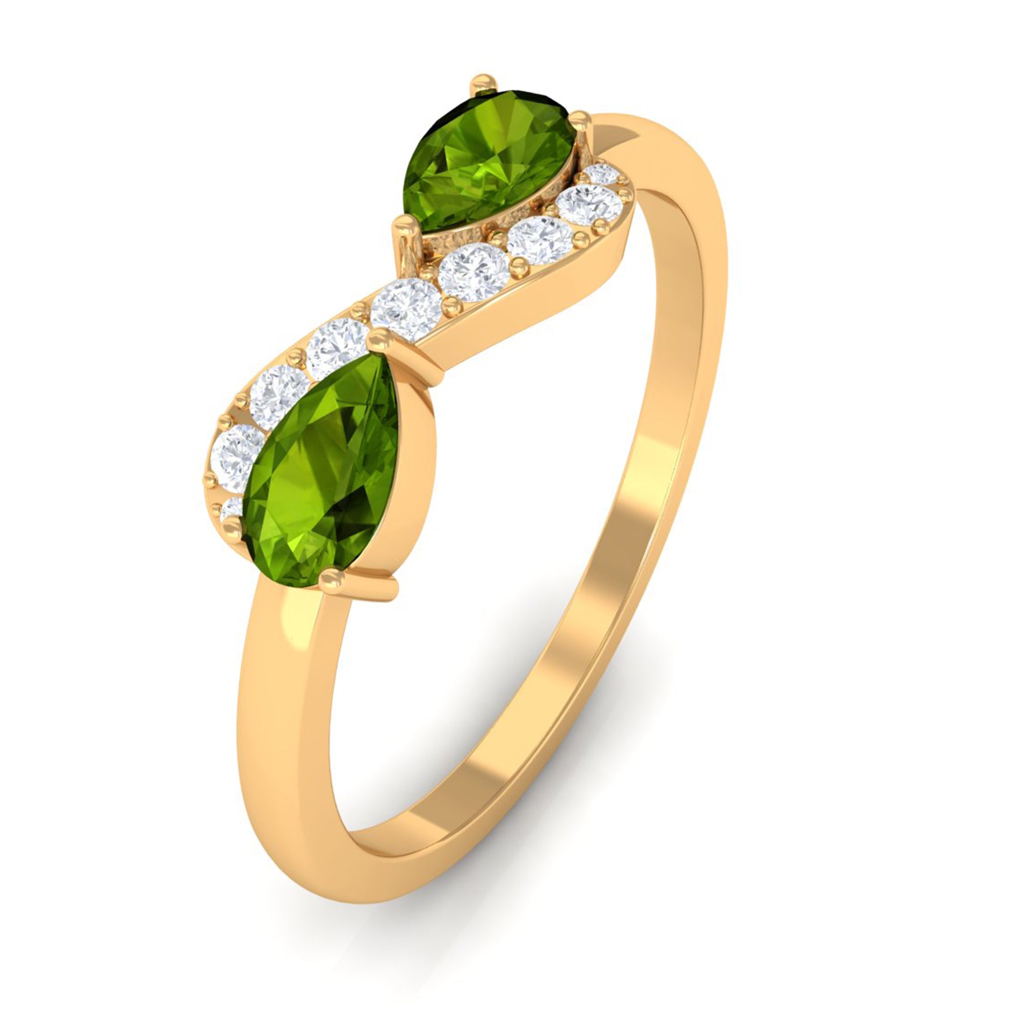 Rosec Jewels-Real Pear Shape Peridot 2 Stone Promise Ring with Diamond