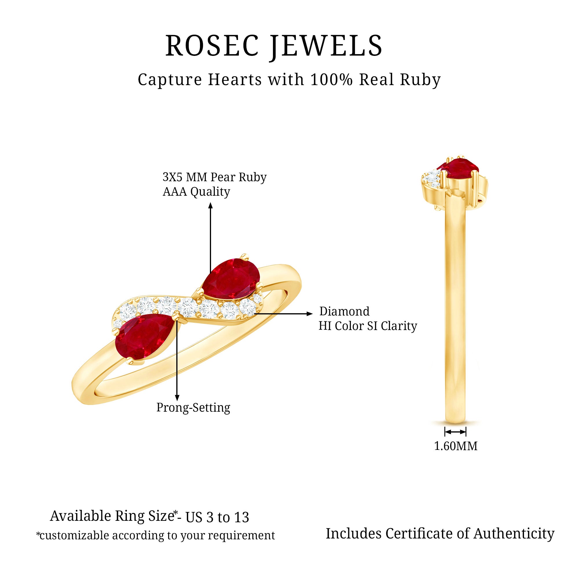 Rosec Jewels-Natural Pear Shape Ruby Toi Et Moi Promise Ring with Diamond