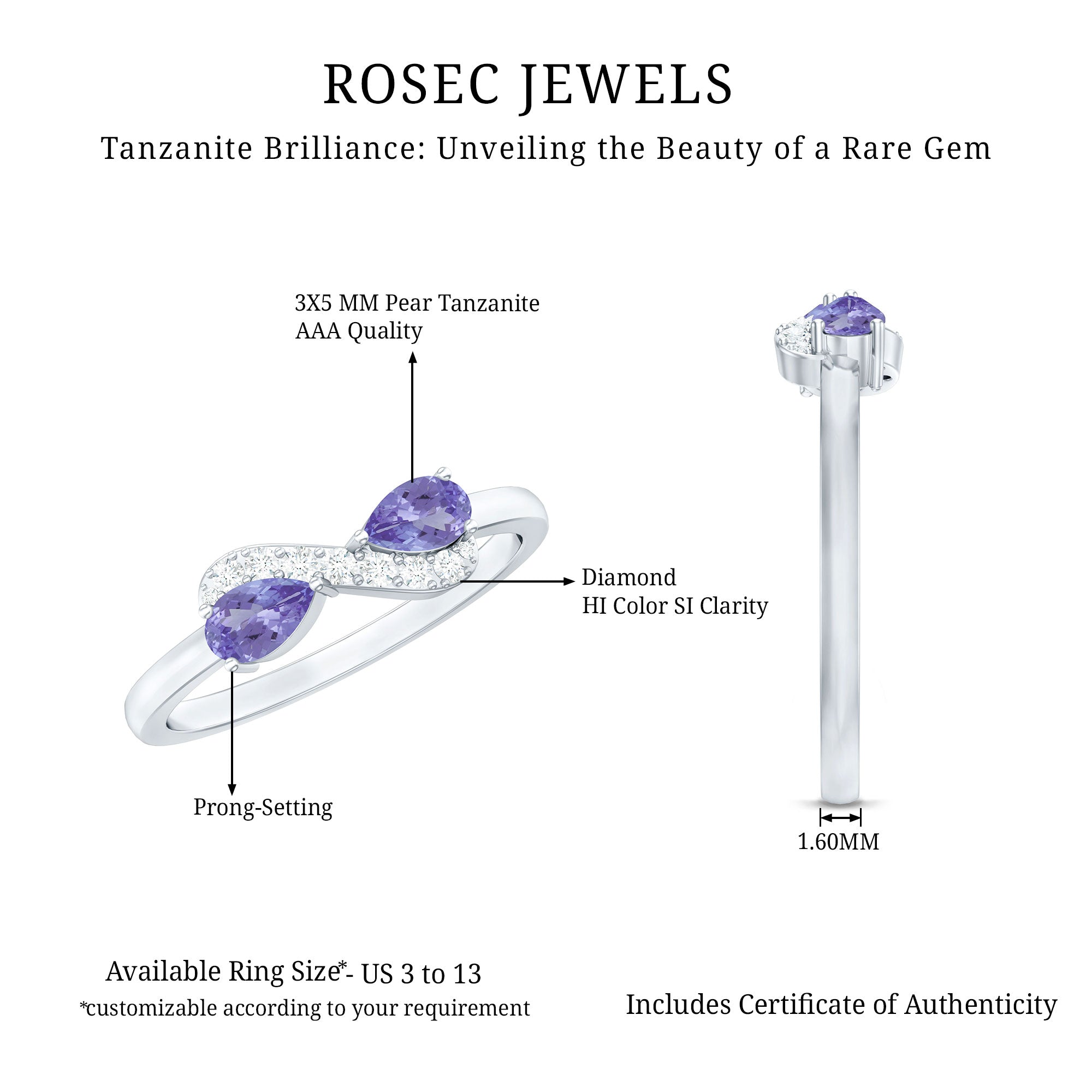 Rosec Jewels-Real Tanzanite 2 Stone Promise Ring with Diamond