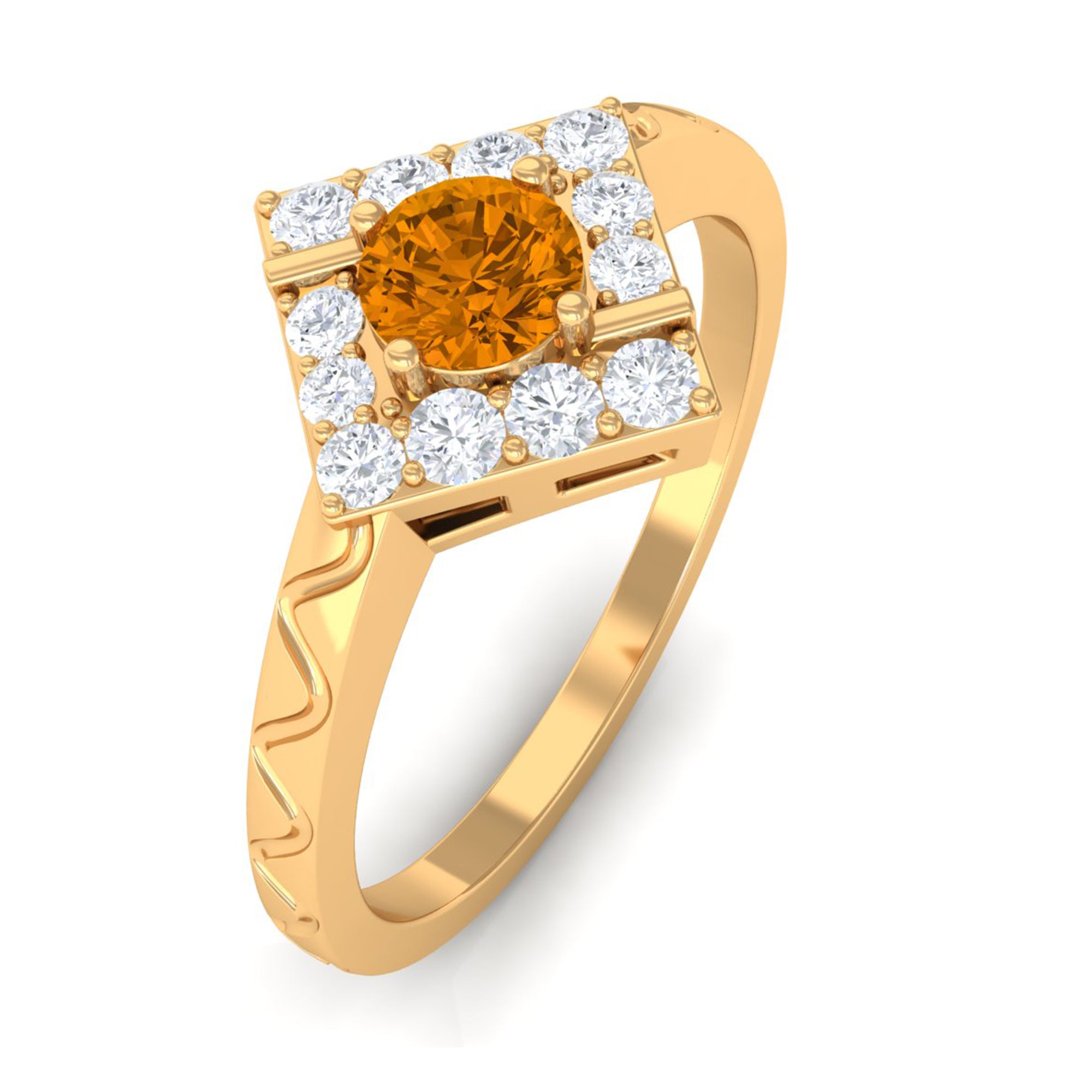 0.50 CT Round Shape Citrine Minimal Textured Ring with Diamond AAA - Rosec Jewels