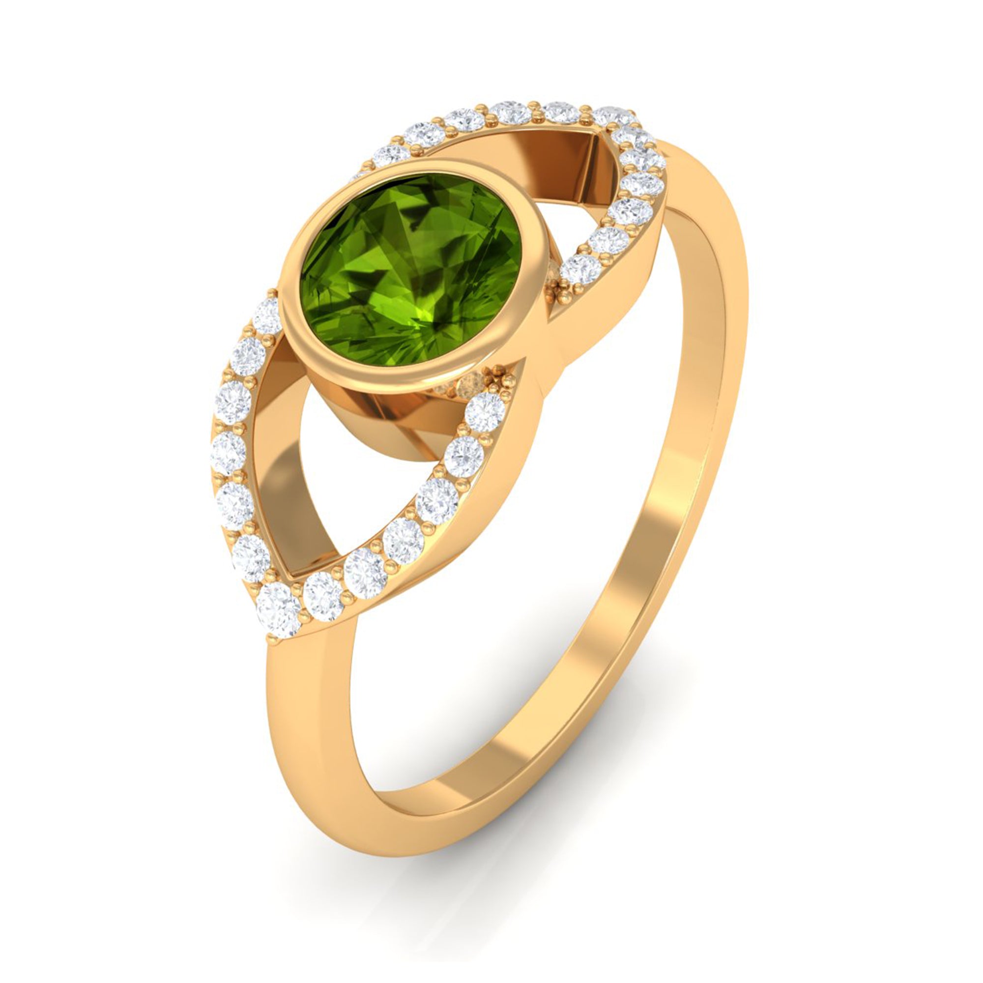 0.75 CT Split Shank Peridot Solitaire Ring with Diamond Accent AAA - Rosec Jewels