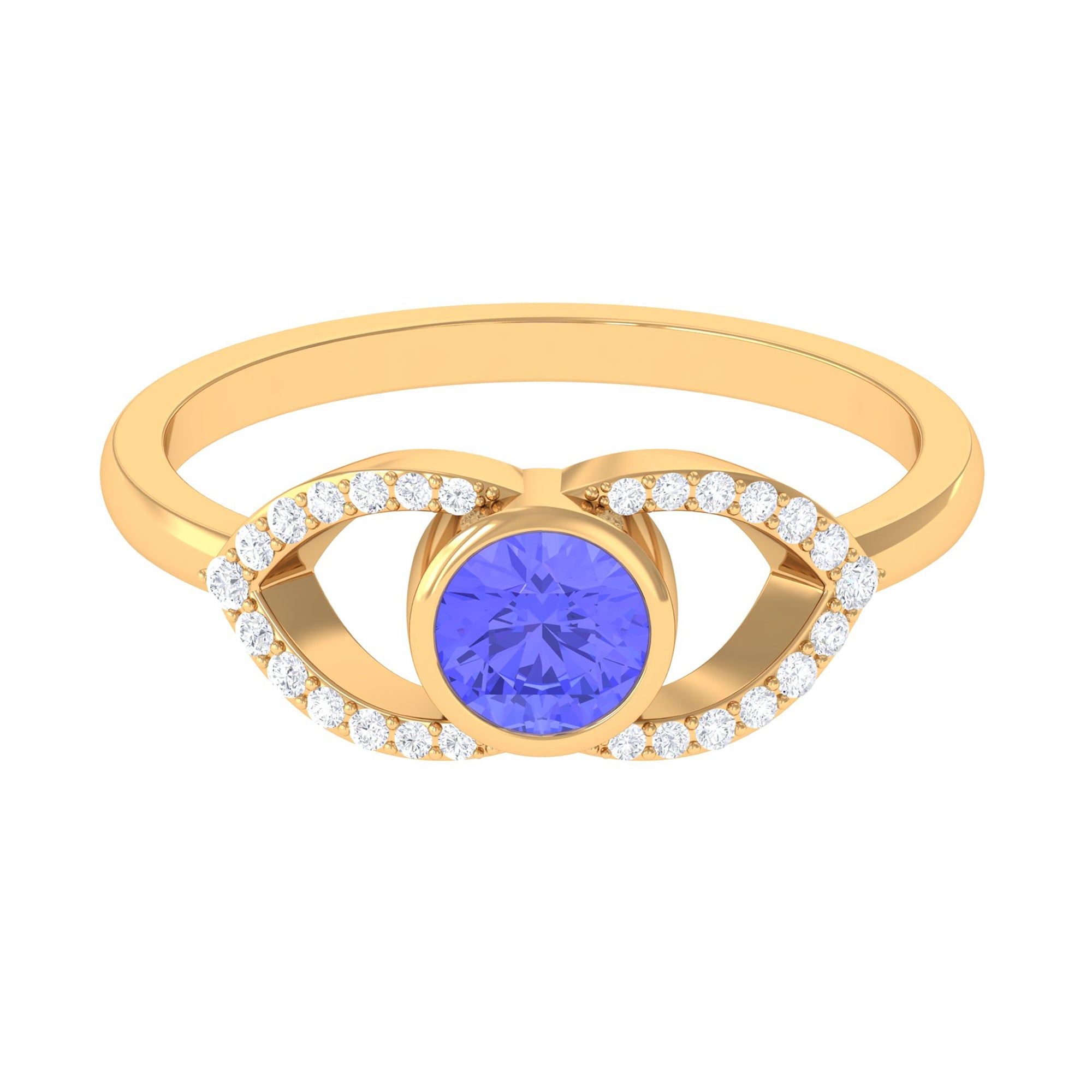 Bezel Set Tanzanite Solitaire Split Shank Ring with Diamond AAA - Rosec Jewels