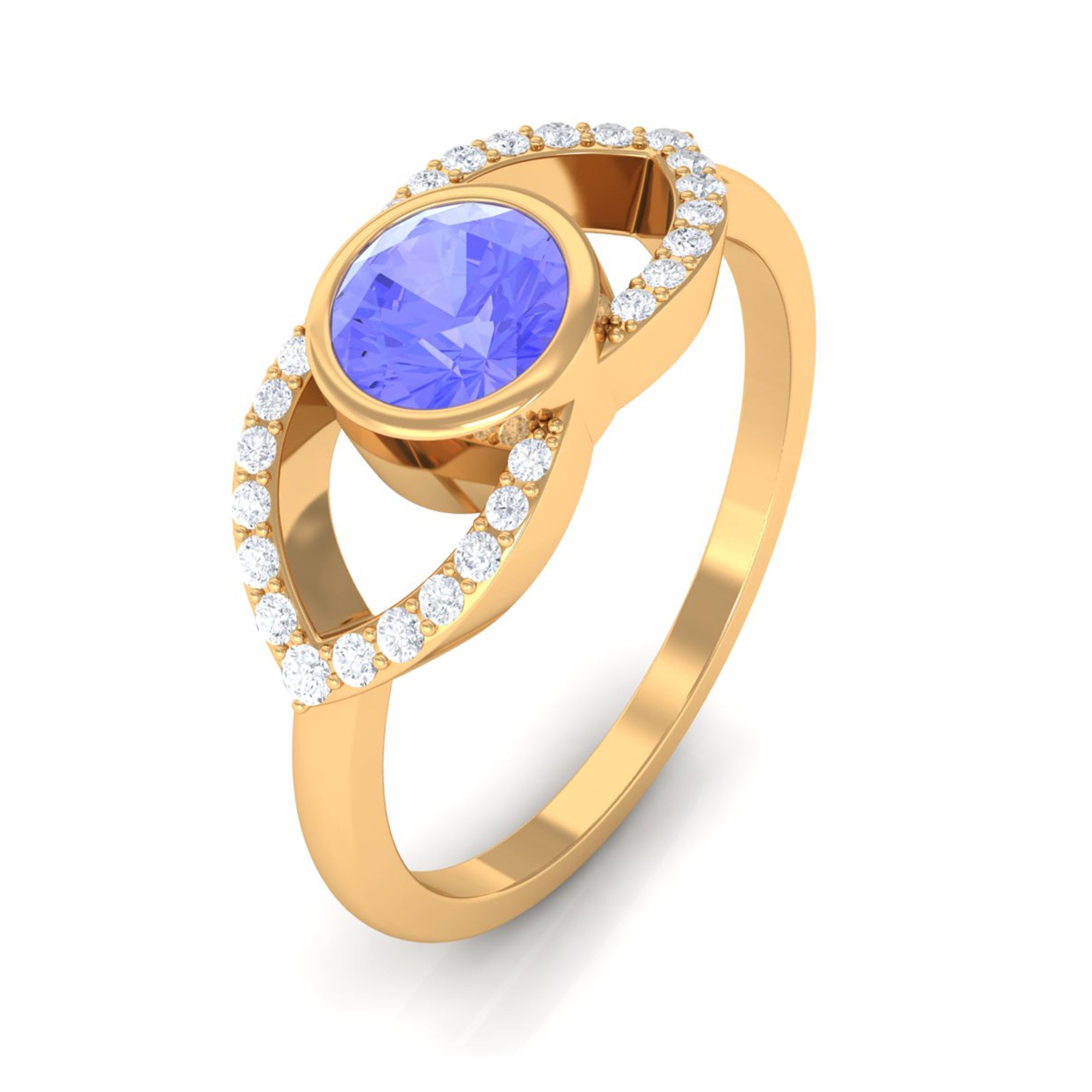 Bezel Set Tanzanite Solitaire Split Shank Ring with Diamond AAA - Rosec Jewels