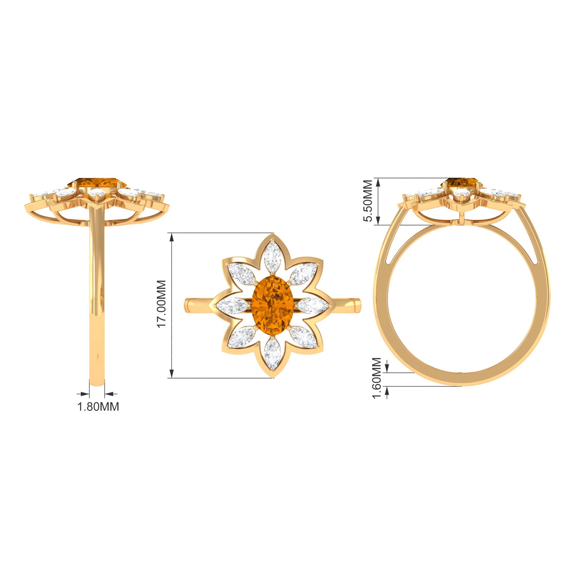 1 Carat Oval Cut Citrine Flower Engagement Ring with Diamond Stones AAA - Rosec Jewels