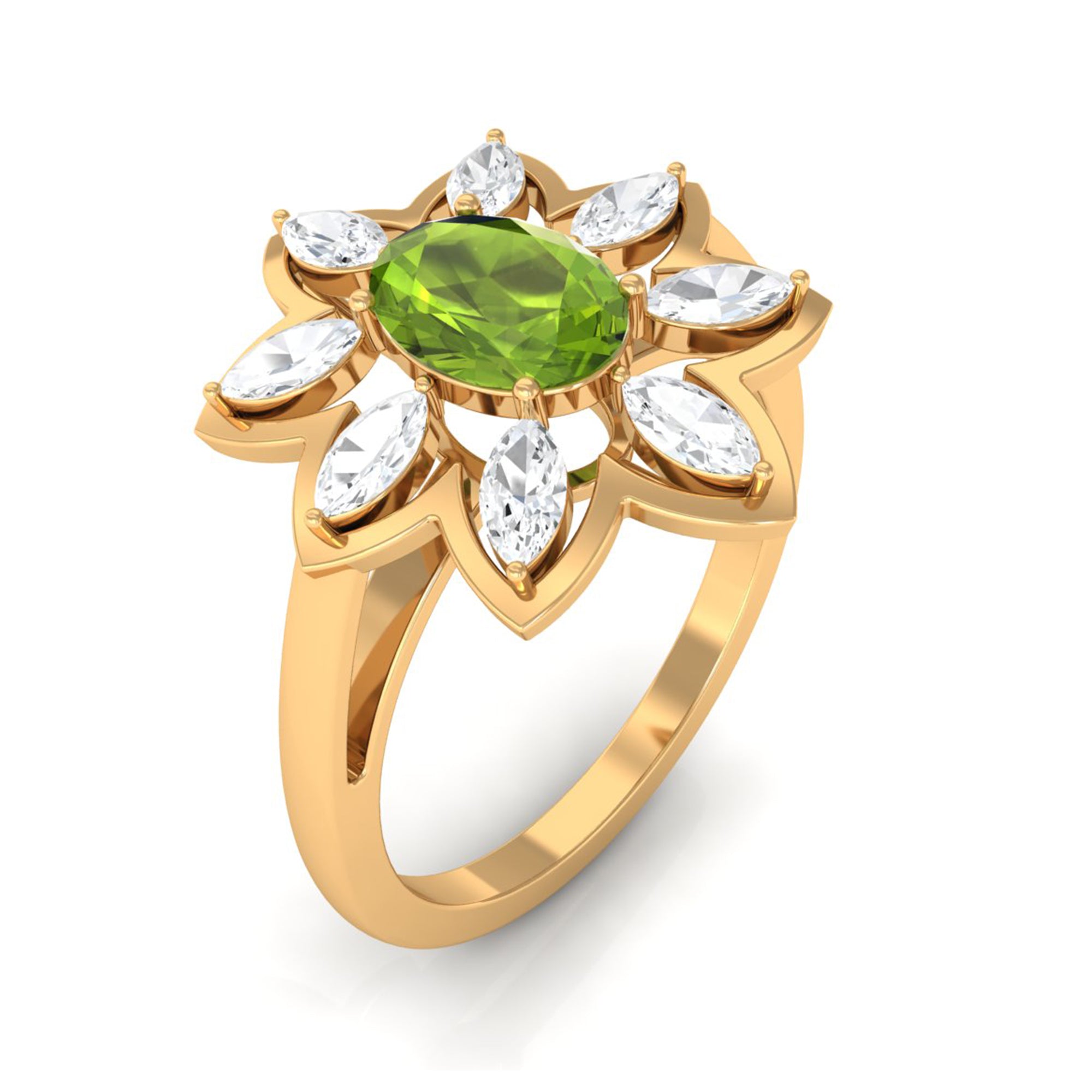 Oval Cut Peridot and Diamond Flower Engagement Ring with Certificate AAA - Rosec Jewels
